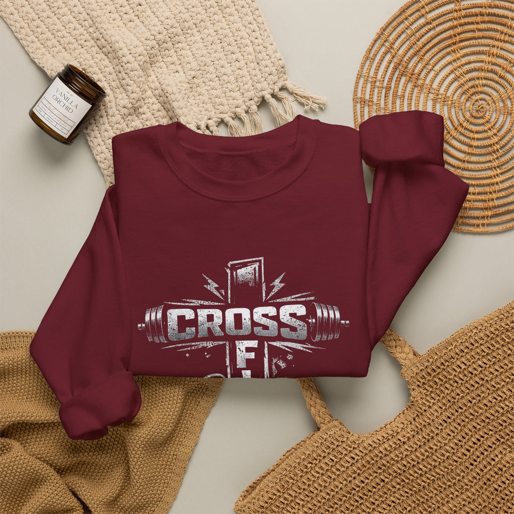 CrossFit Cross Graphic Sweatshirt | Barbell, Kettlebell, Bible Verse