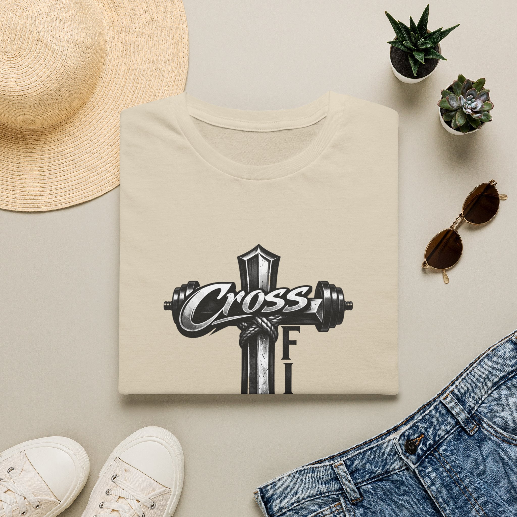 CrossFit Cross with Barbell T-Shirt | Hebrews 12:1 Fitness Faith Tee | Unisex Tee