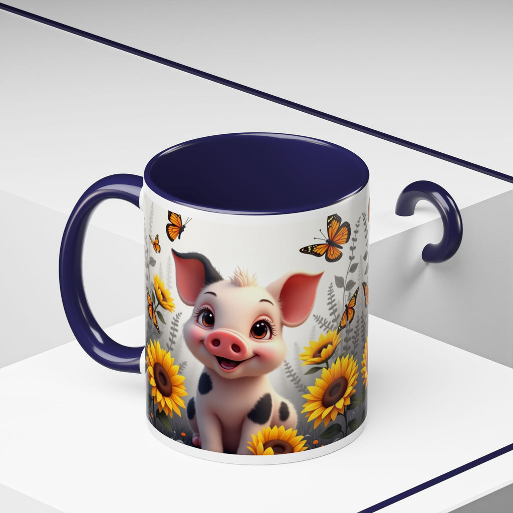 Cute Piglet, Sunflower & Monarch Butterflies Accent Coffee Mug