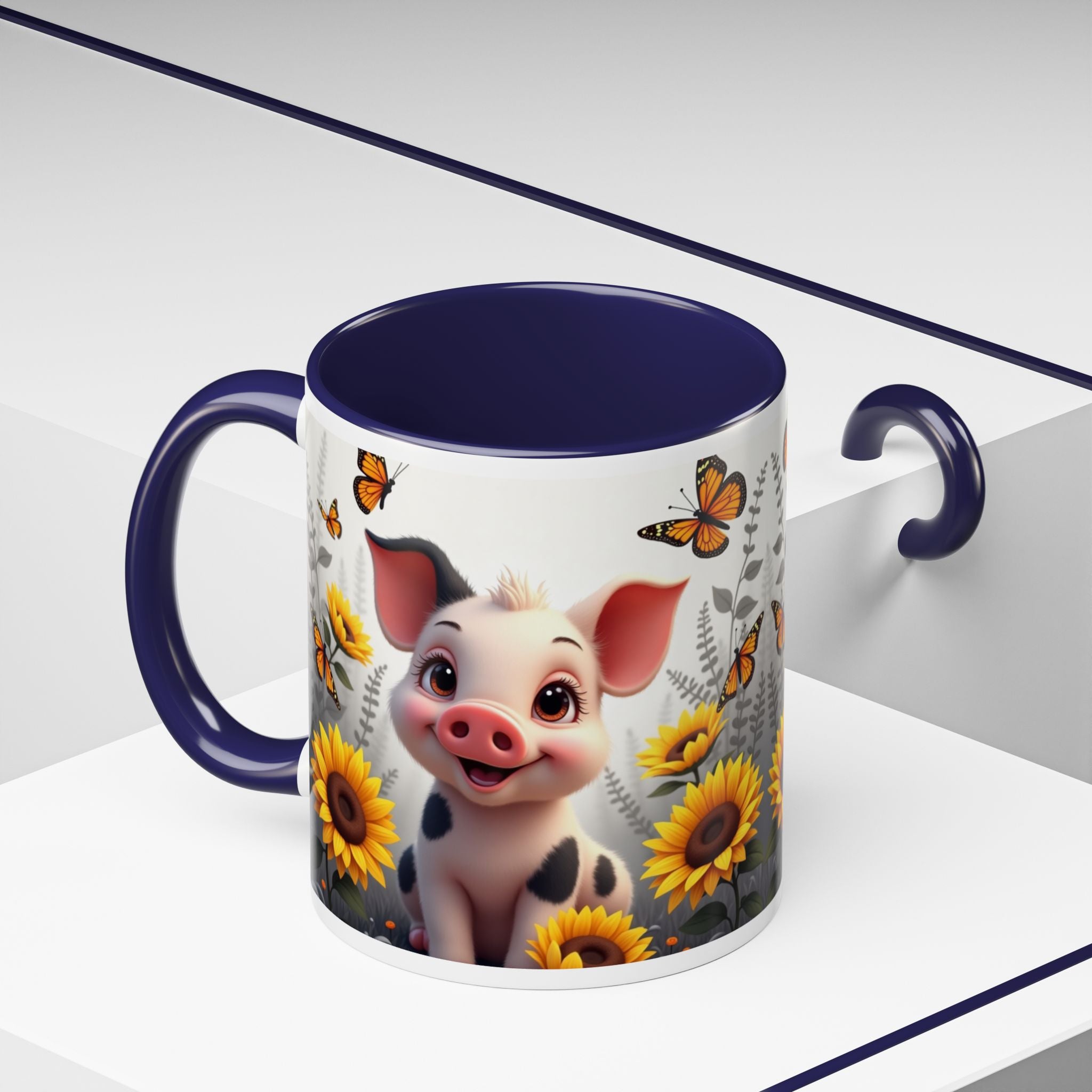 Cute Piglet, Sunflower & Monarch Butterflies Accent Coffee Mug