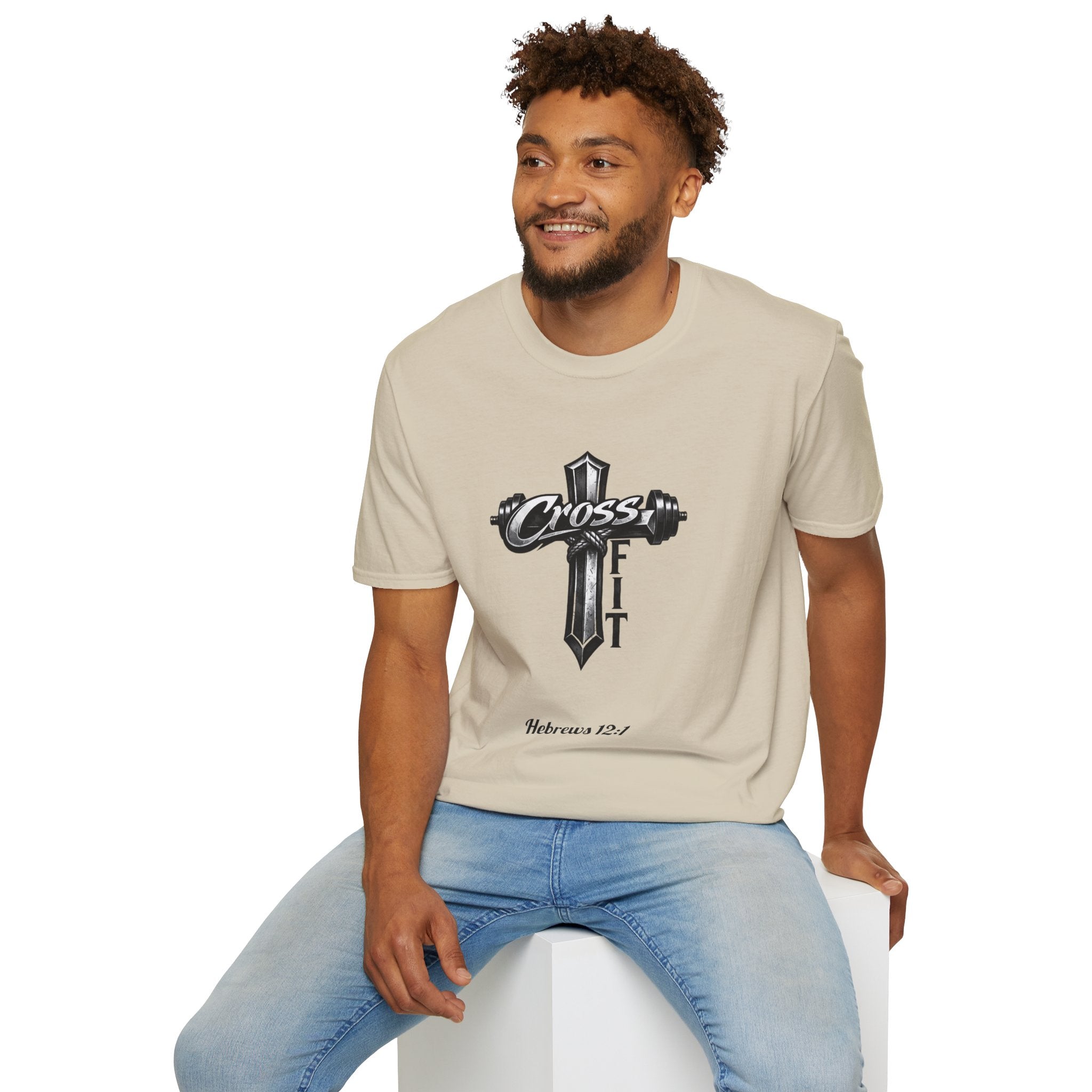 CrossFit Cross with Barbell T-Shirt | Hebrews 12:1 Fitness Faith Tee | Unisex Tee