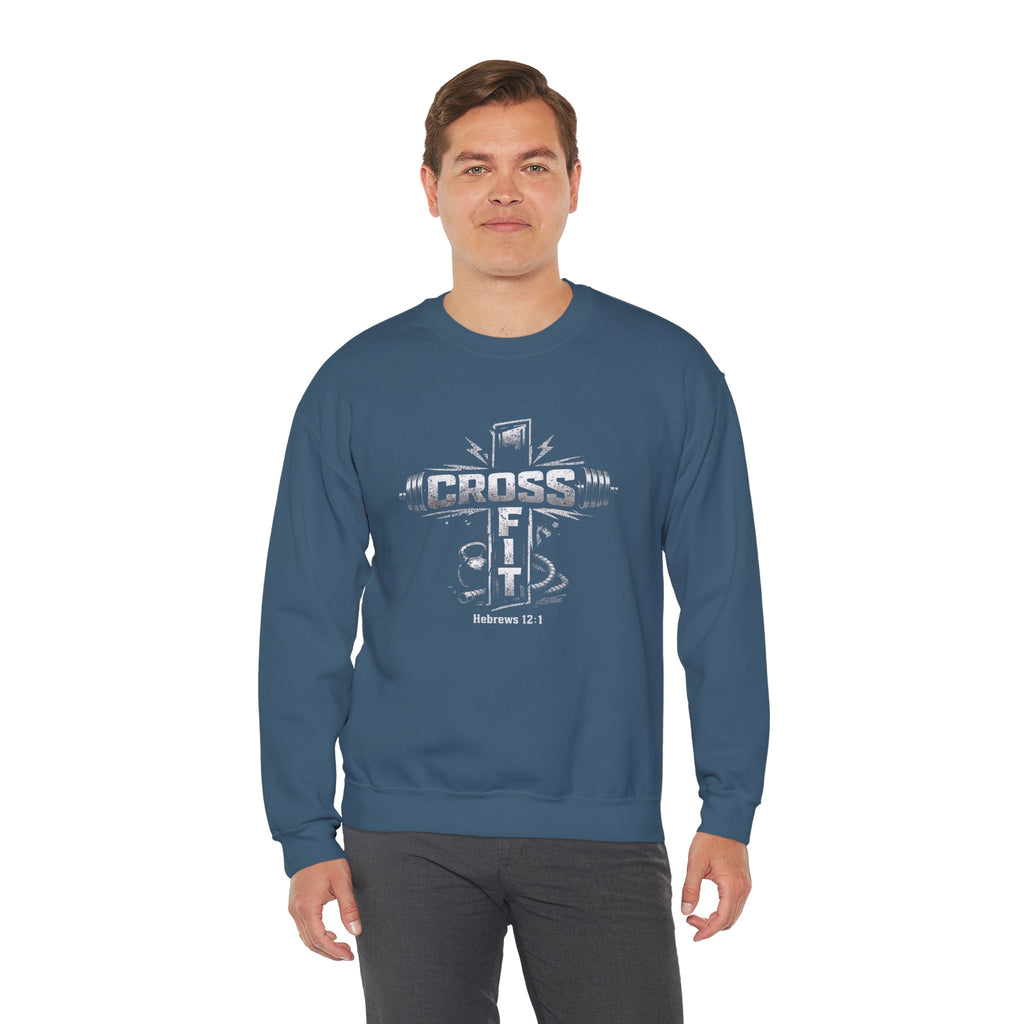 CrossFit Cross Graphic Sweatshirt | Barbell, Kettlebell, Bible Verse