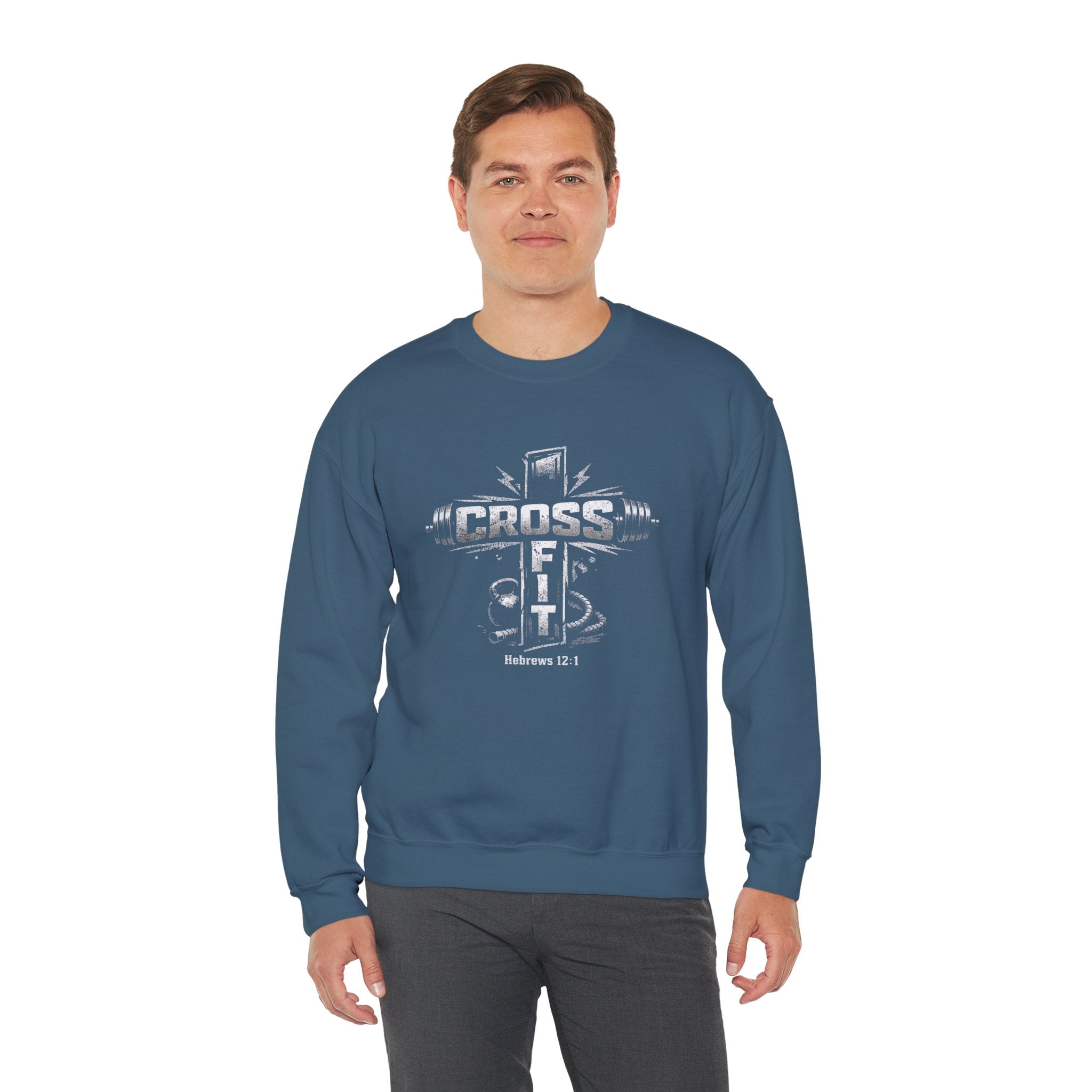 CrossFit Cross Graphic Sweatshirt | Barbell, Kettlebell, Bible Verse