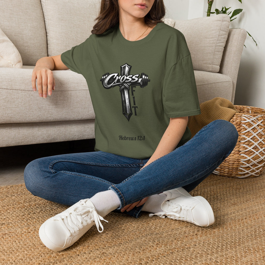 CrossFit Cross with Barbell T-Shirt | Hebrews 12:1 Fitness Faith Tee | Unisex Tee