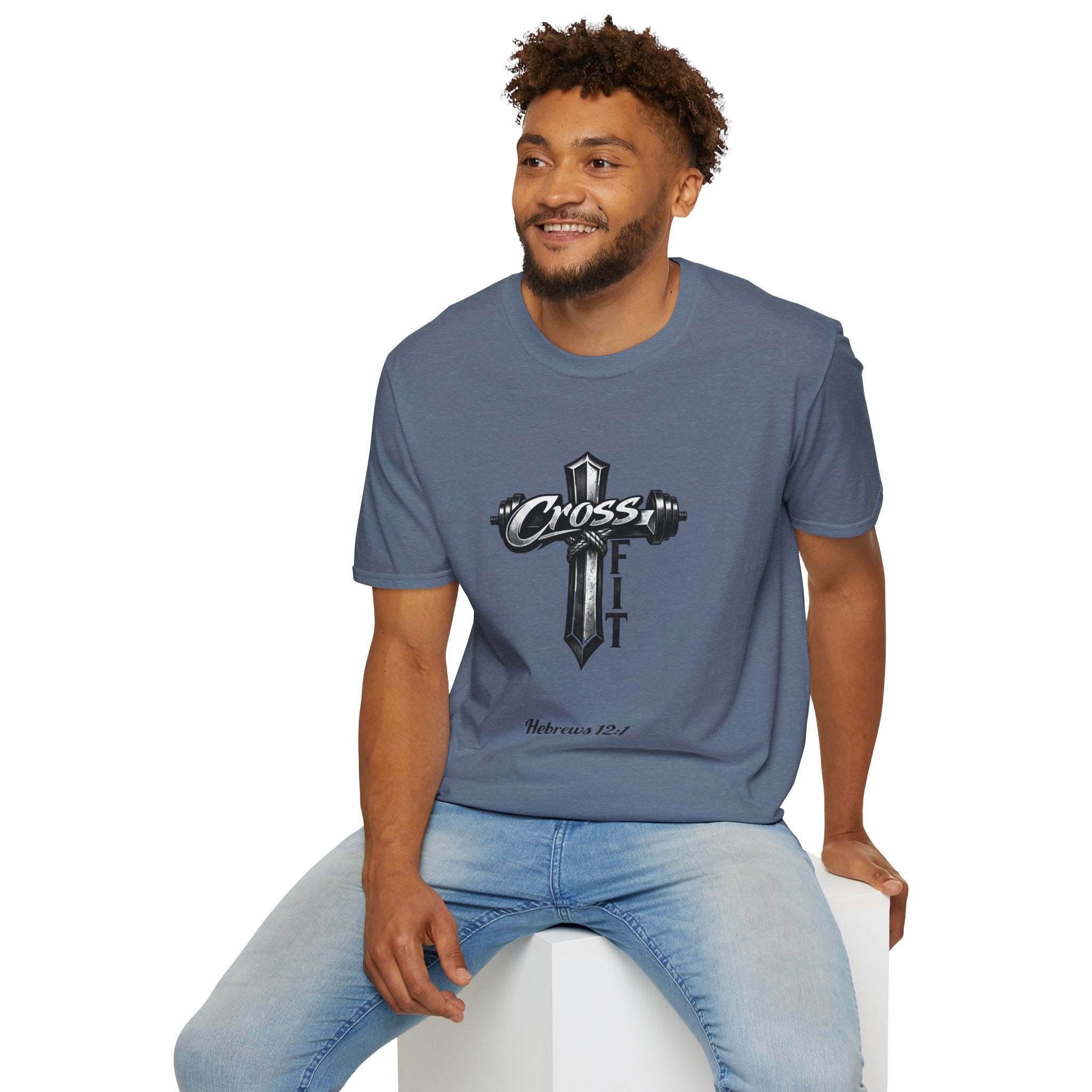 CrossFit Cross with Barbell T-Shirt | Hebrews 12:1 Fitness Faith Tee | Unisex Tee