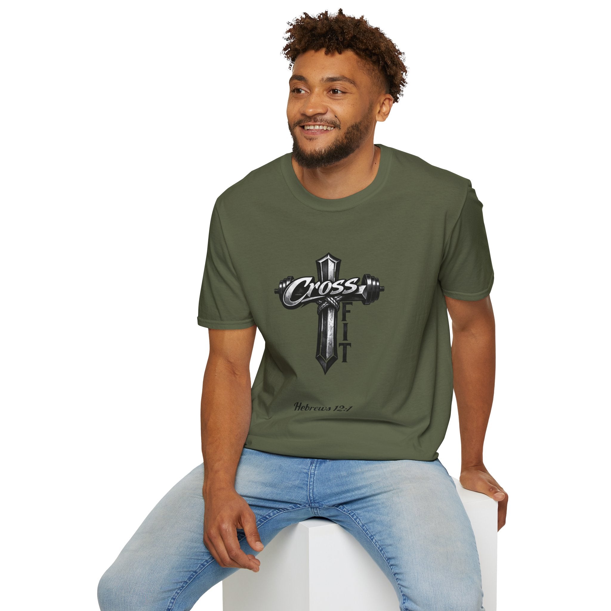 CrossFit Cross with Barbell T-Shirt | Hebrews 12:1 Fitness Faith Tee | Unisex Tee