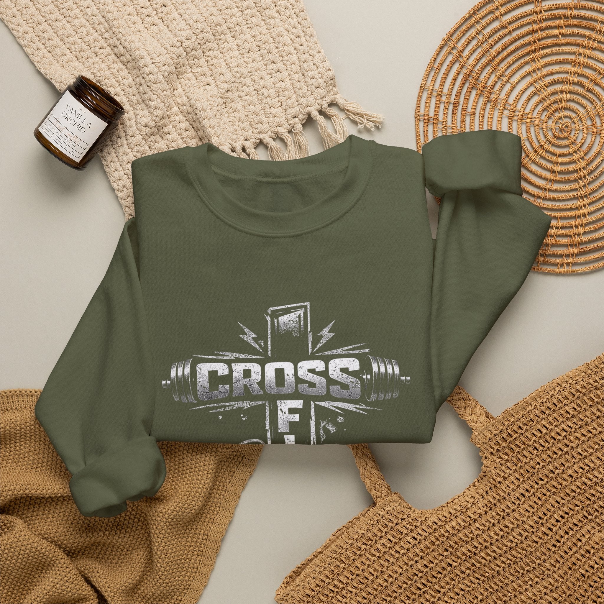 CrossFit Cross Graphic Sweatshirt | Barbell, Kettlebell, Bible Verse
