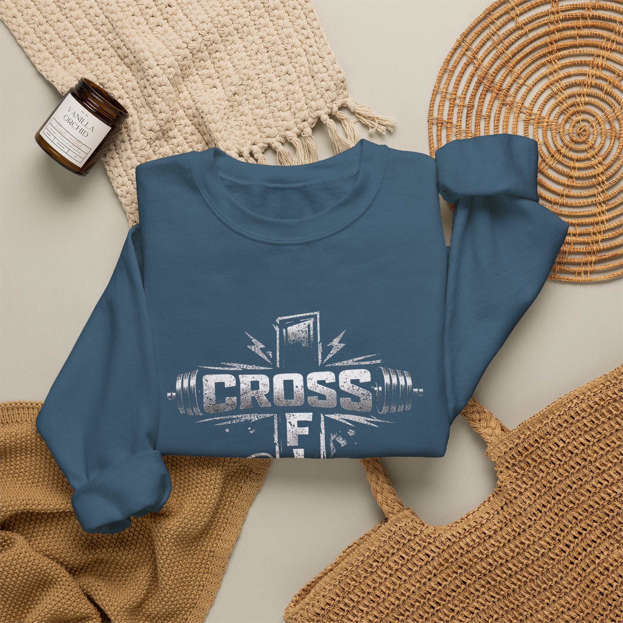 CrossFit Cross Graphic Sweatshirt | Barbell, Kettlebell, Bible Verse