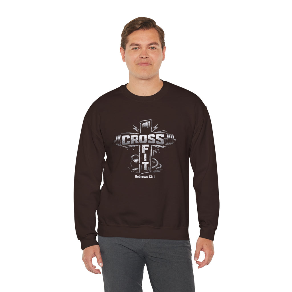 CrossFit Cross Graphic Sweatshirt | Barbell, Kettlebell, Bible Verse