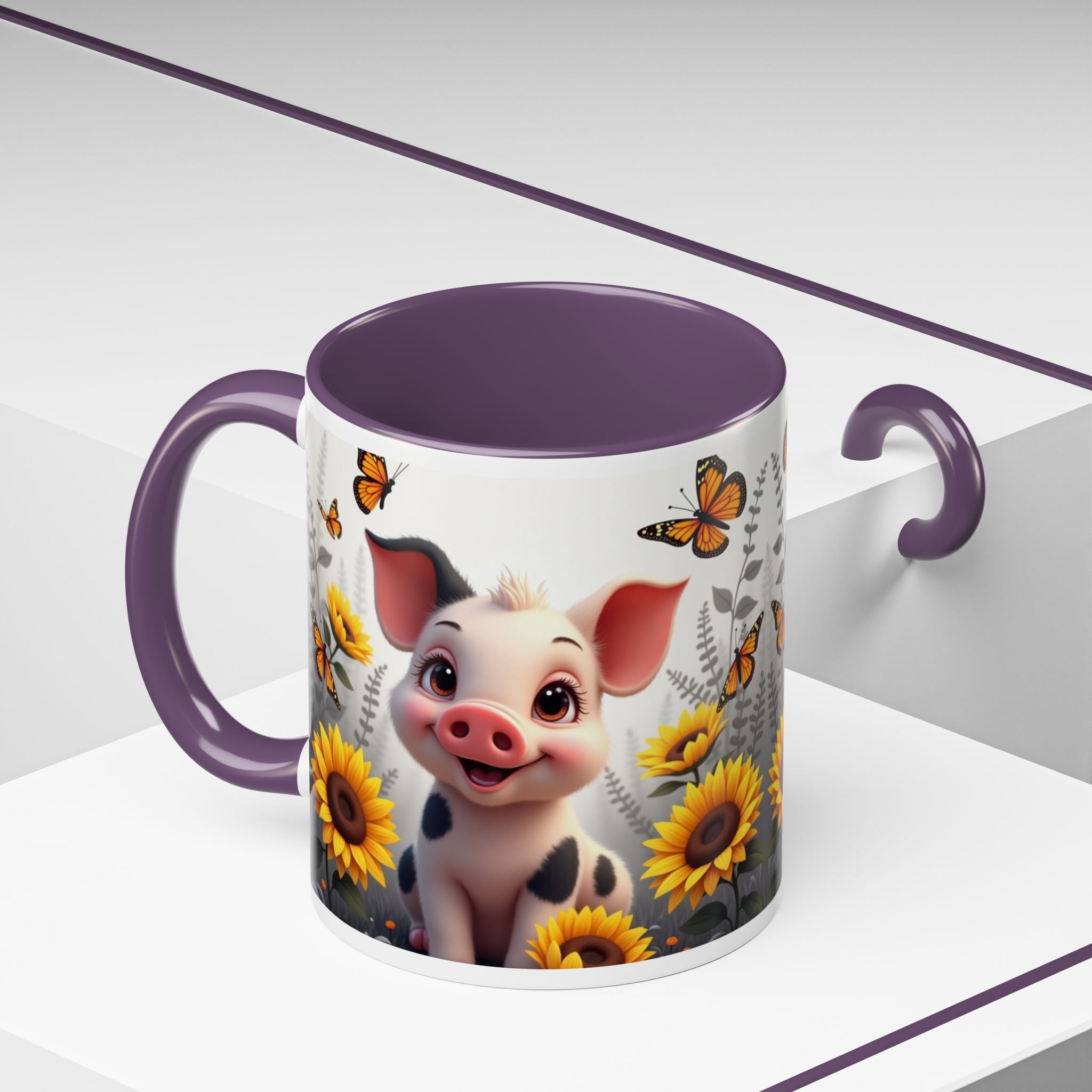 Cute Piglet, Sunflower & Monarch Butterflies Accent Coffee Mug