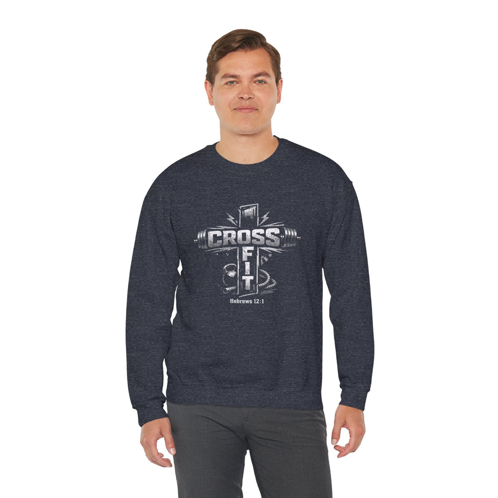 CrossFit Cross Graphic Sweatshirt | Barbell, Kettlebell, Bible Verse