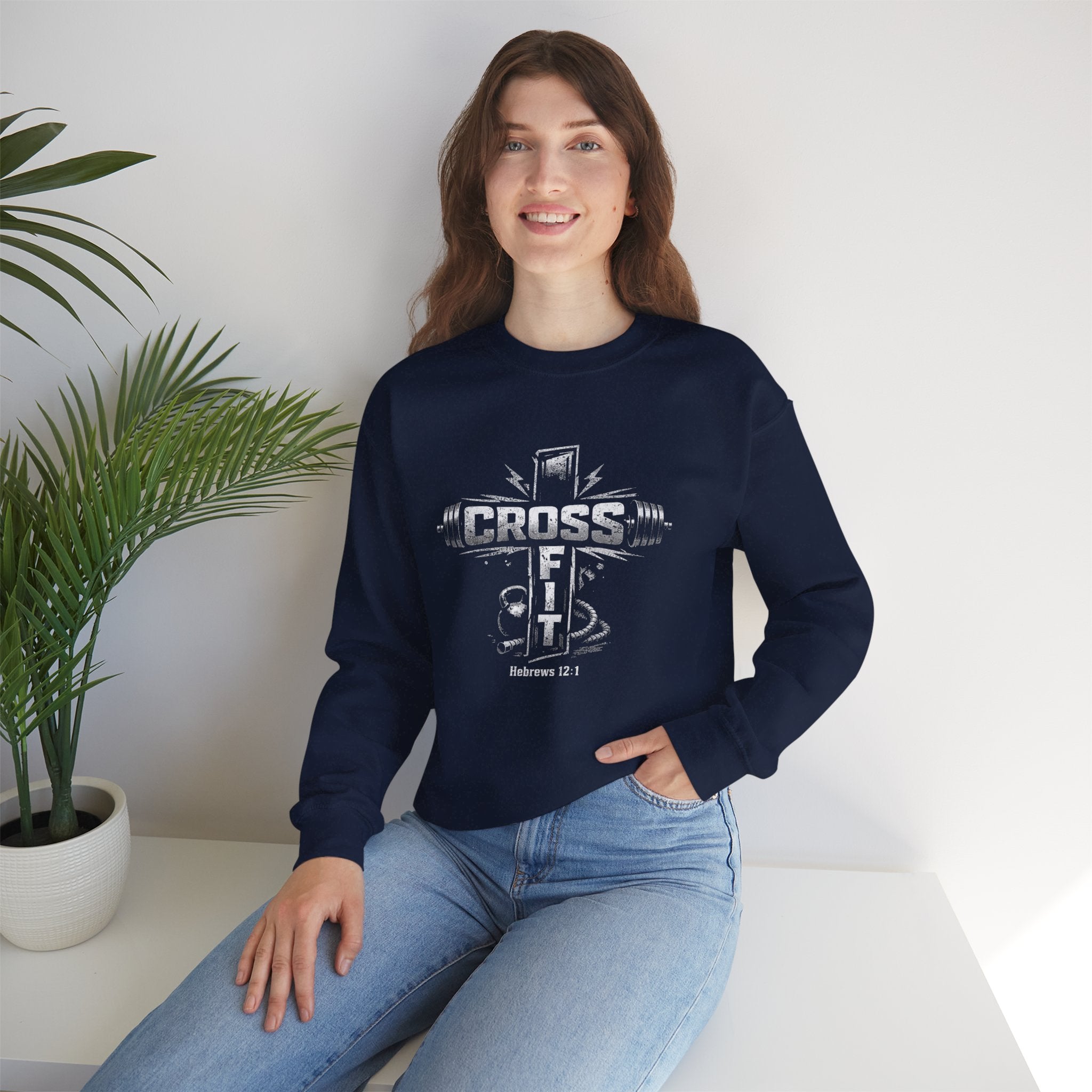 CrossFit Cross Graphic Sweatshirt | Barbell, Kettlebell, Bible Verse