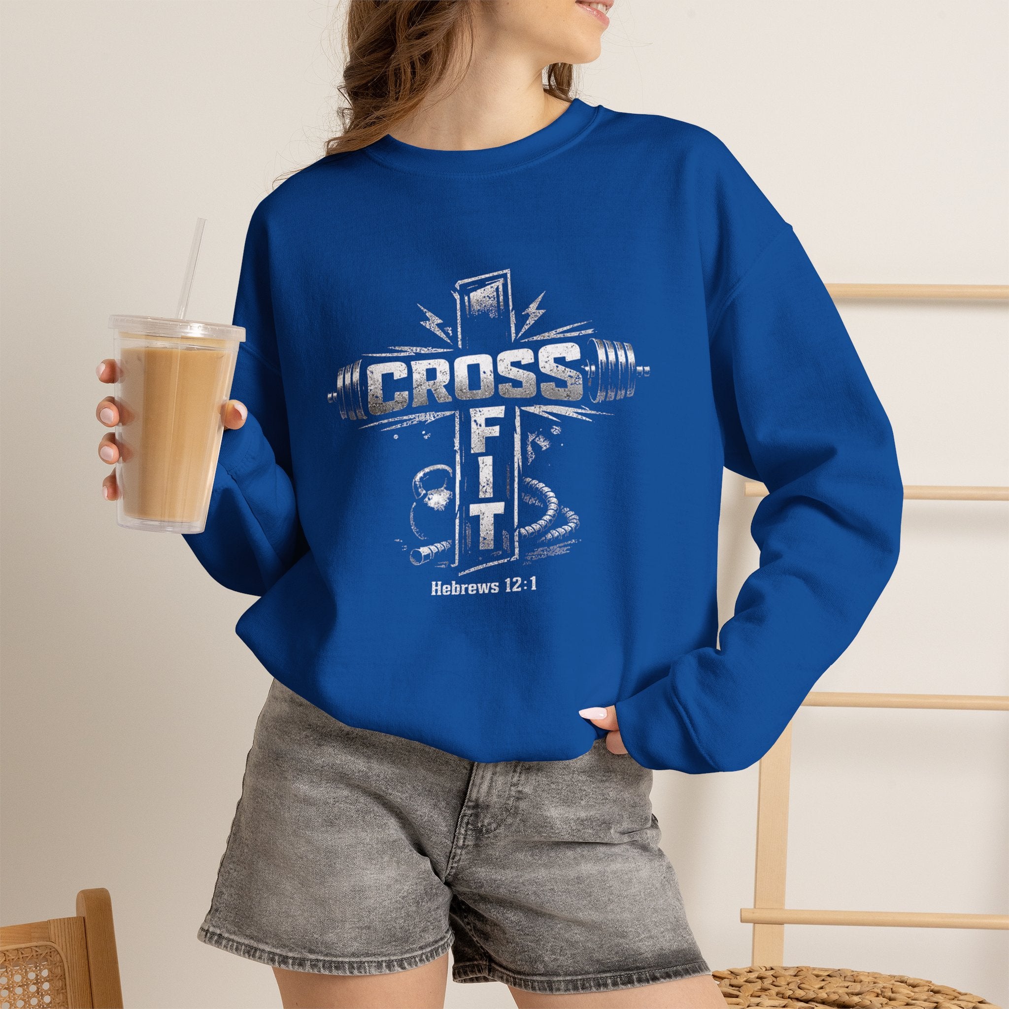 CrossFit Cross Graphic Sweatshirt | Barbell, Kettlebell, Bible Verse