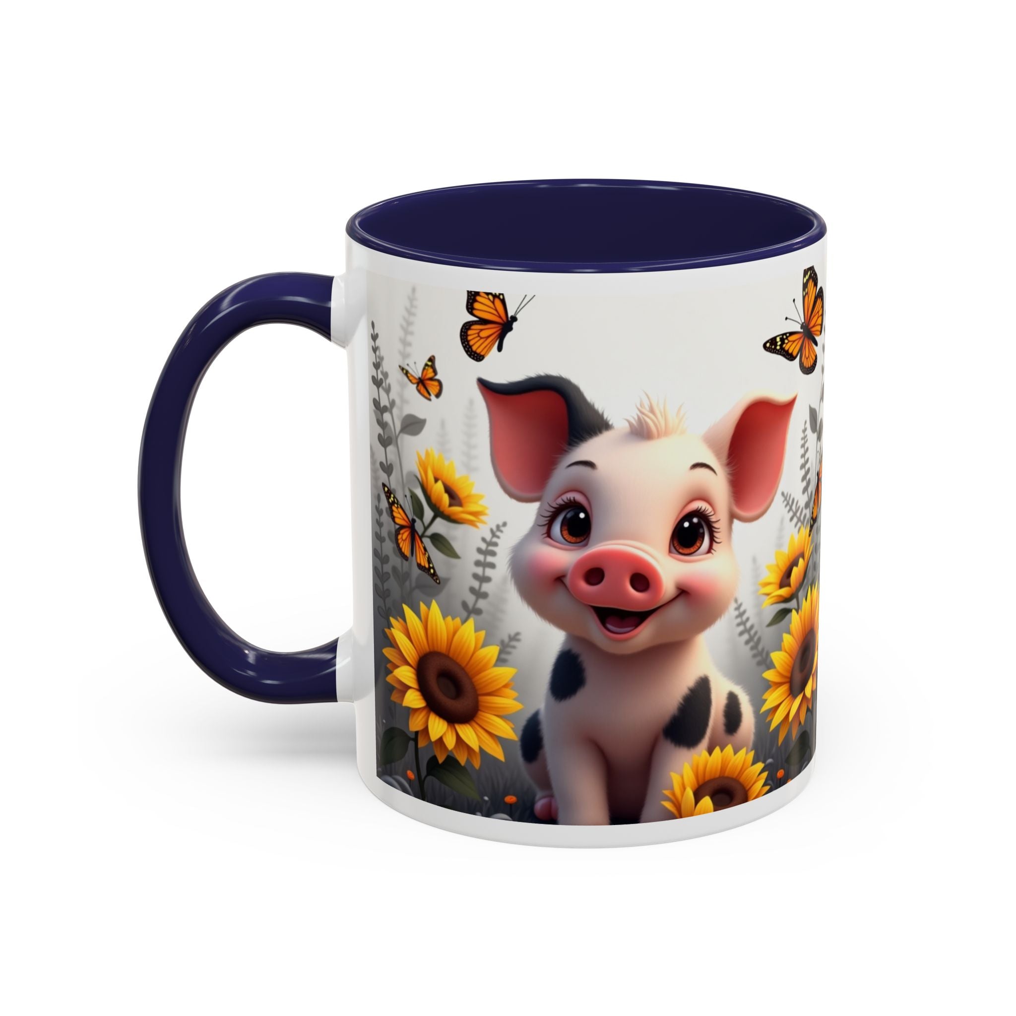 Cute Piglet, Sunflower & Monarch Butterflies Accent Coffee Mug