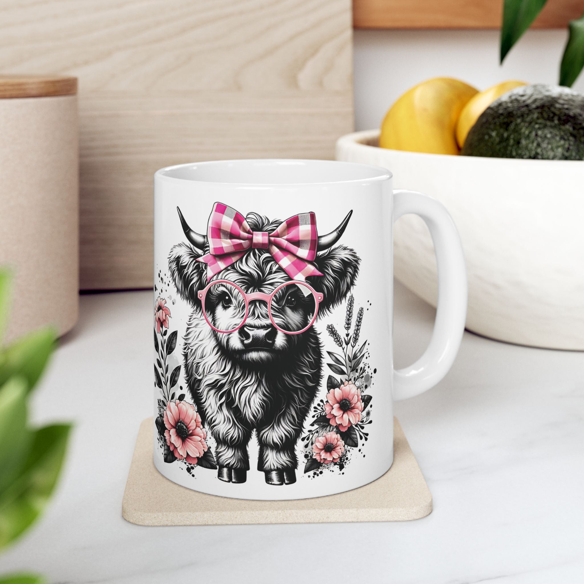 Highland Cow Floral Mug - Cute Pink Bow Ceramic Coffee Cup (11oz)