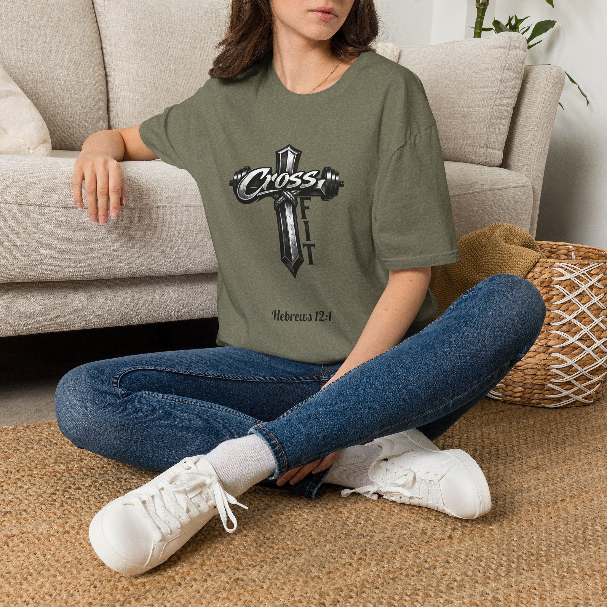 CrossFit Cross with Barbell T-Shirt | Hebrews 12:1 Fitness Faith Tee | Unisex Tee