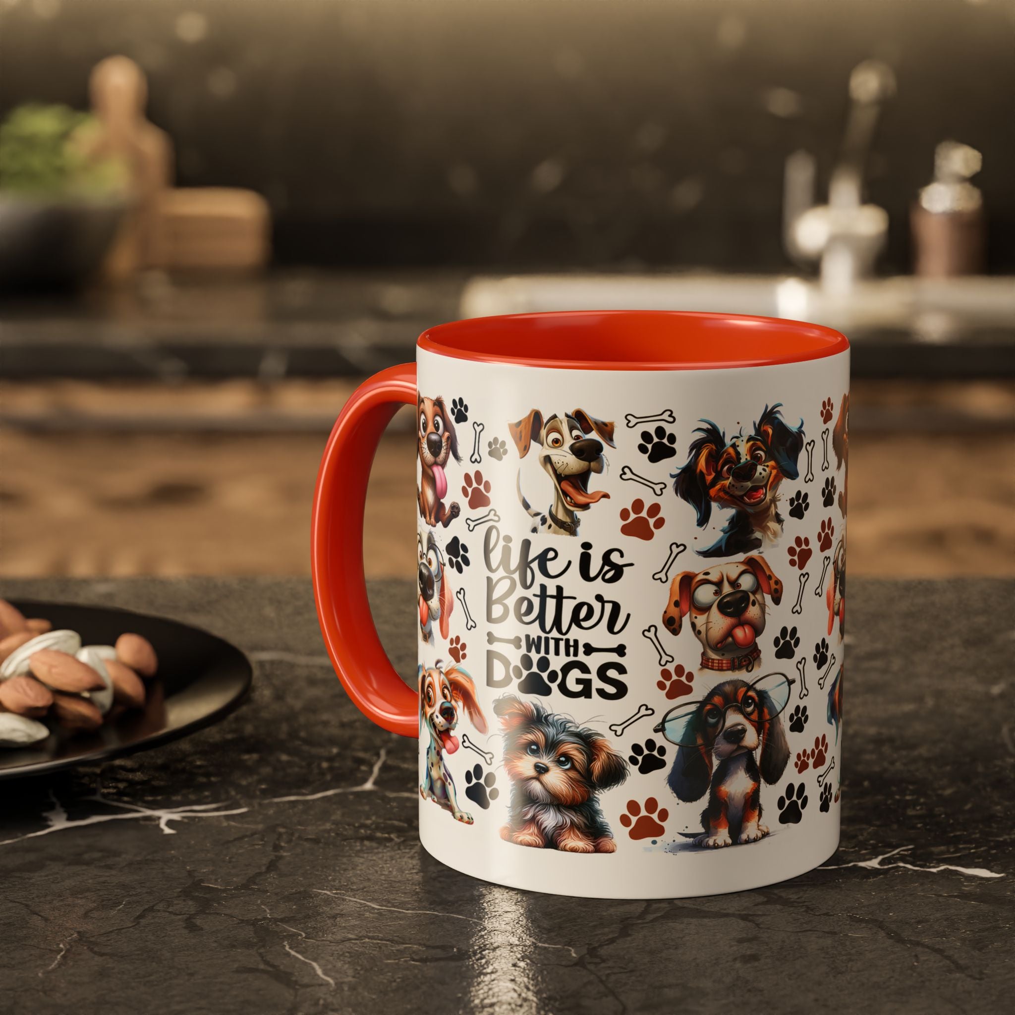 Dog Lover - "Life is Better with Dogs" Colourful Paw Print Ceramic Mug 11oz
