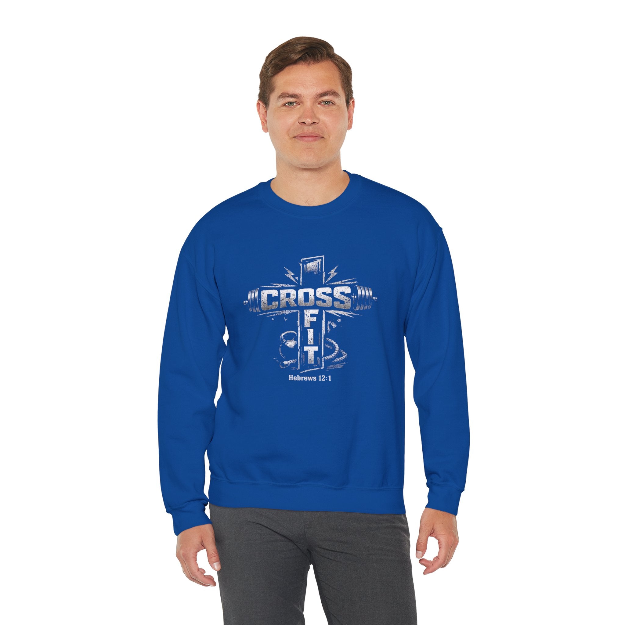 CrossFit Cross Graphic Sweatshirt | Barbell, Kettlebell, Bible Verse