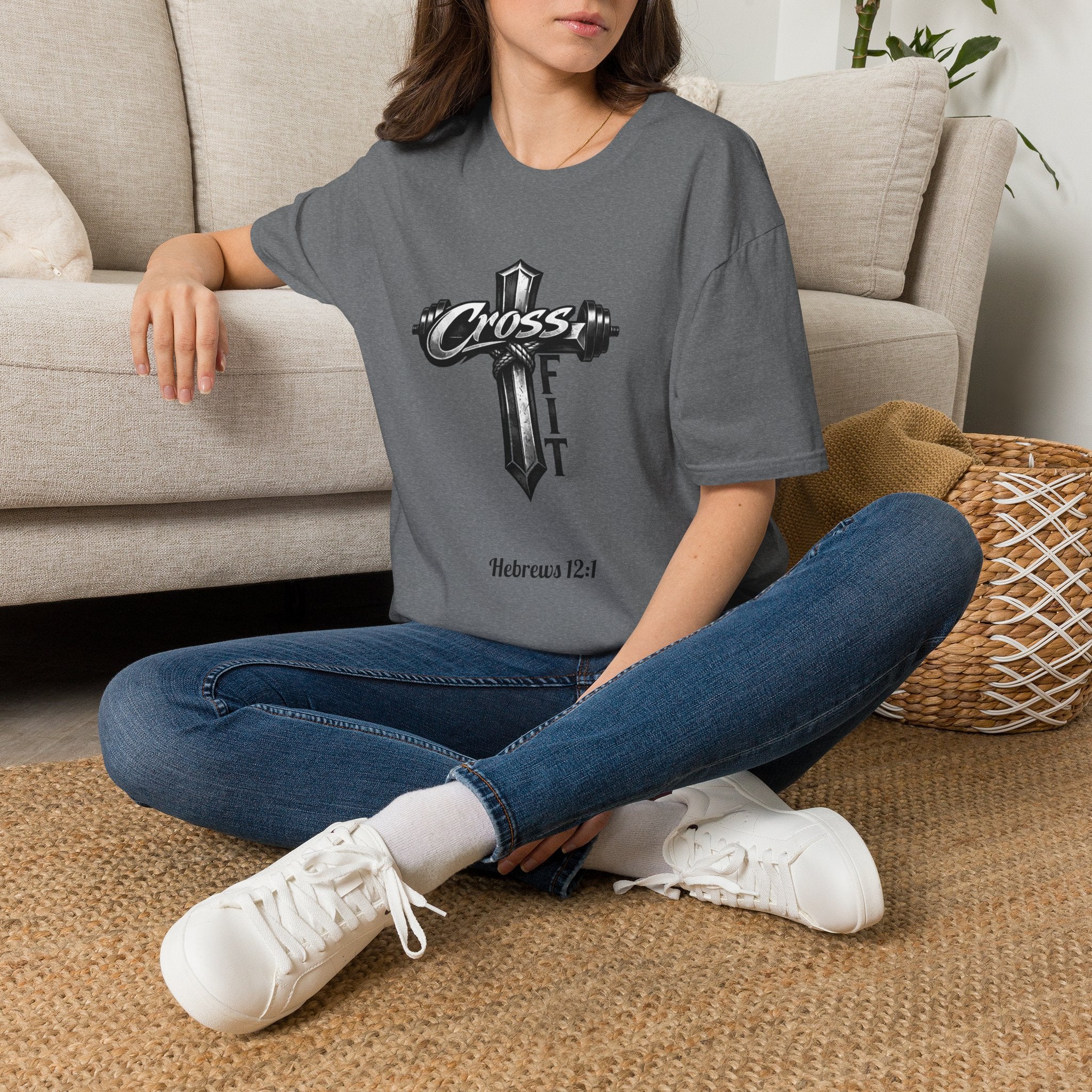 CrossFit Cross with Barbell T-Shirt | Hebrews 12:1 Fitness Faith Tee | Unisex Tee