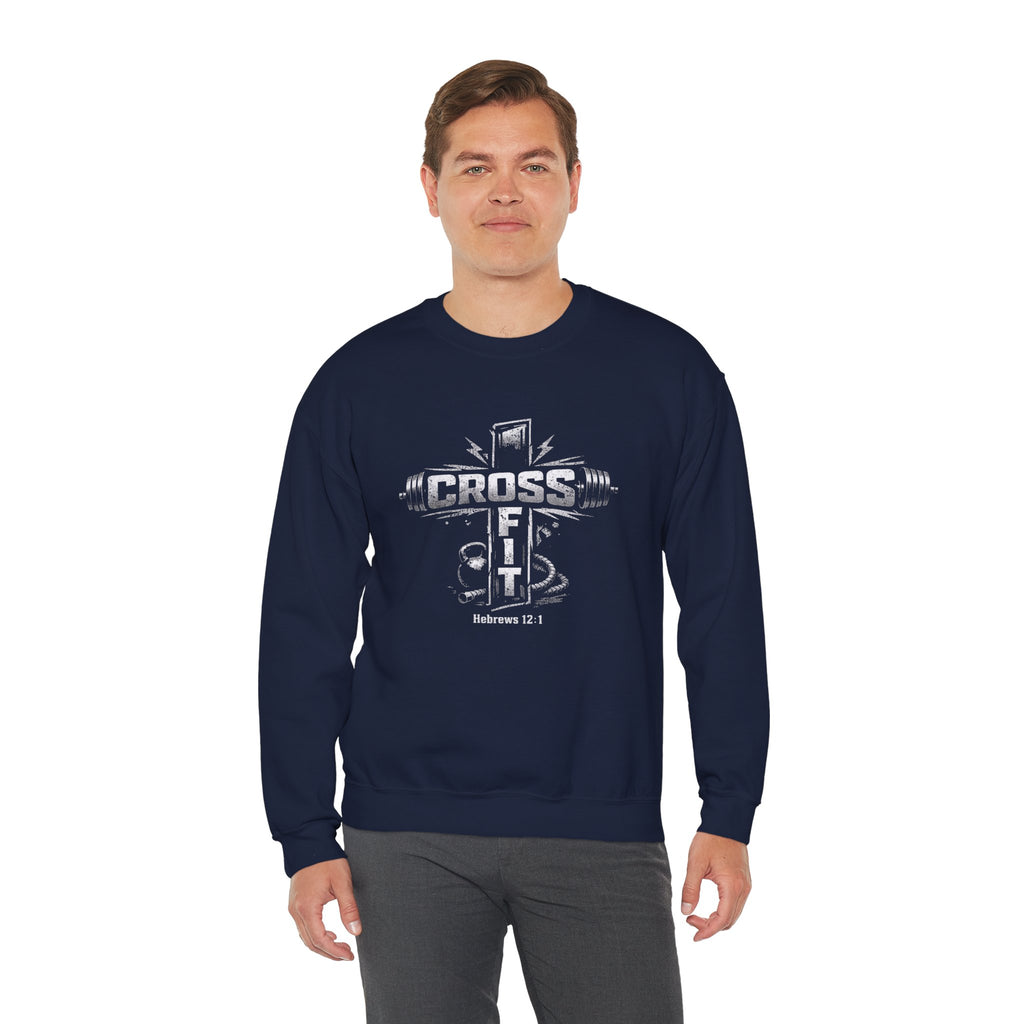 CrossFit Cross Graphic Sweatshirt | Barbell, Kettlebell, Bible Verse