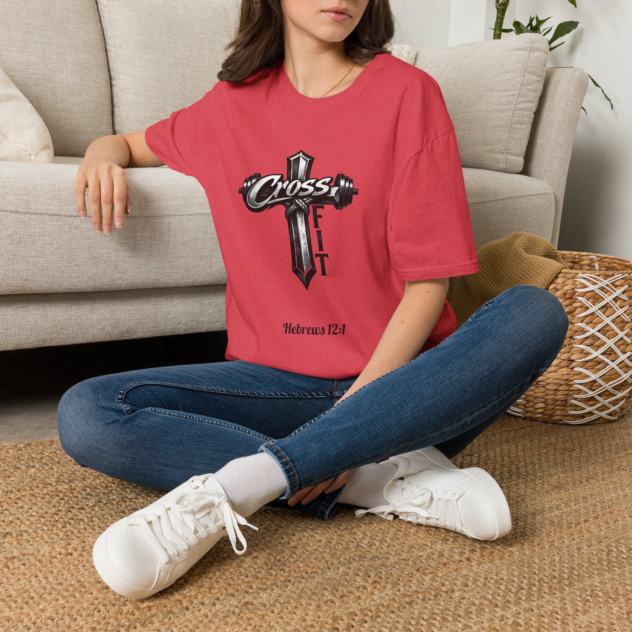CrossFit Cross with Barbell T-Shirt | Hebrews 12:1 Fitness Faith Tee | Unisex Tee