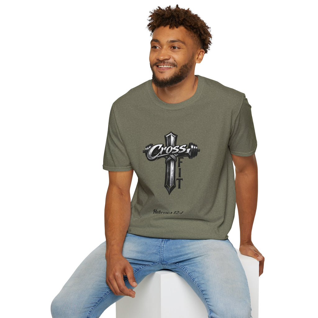 CrossFit Cross with Barbell T-Shirt | Hebrews 12:1 Fitness Faith Tee | Unisex Tee