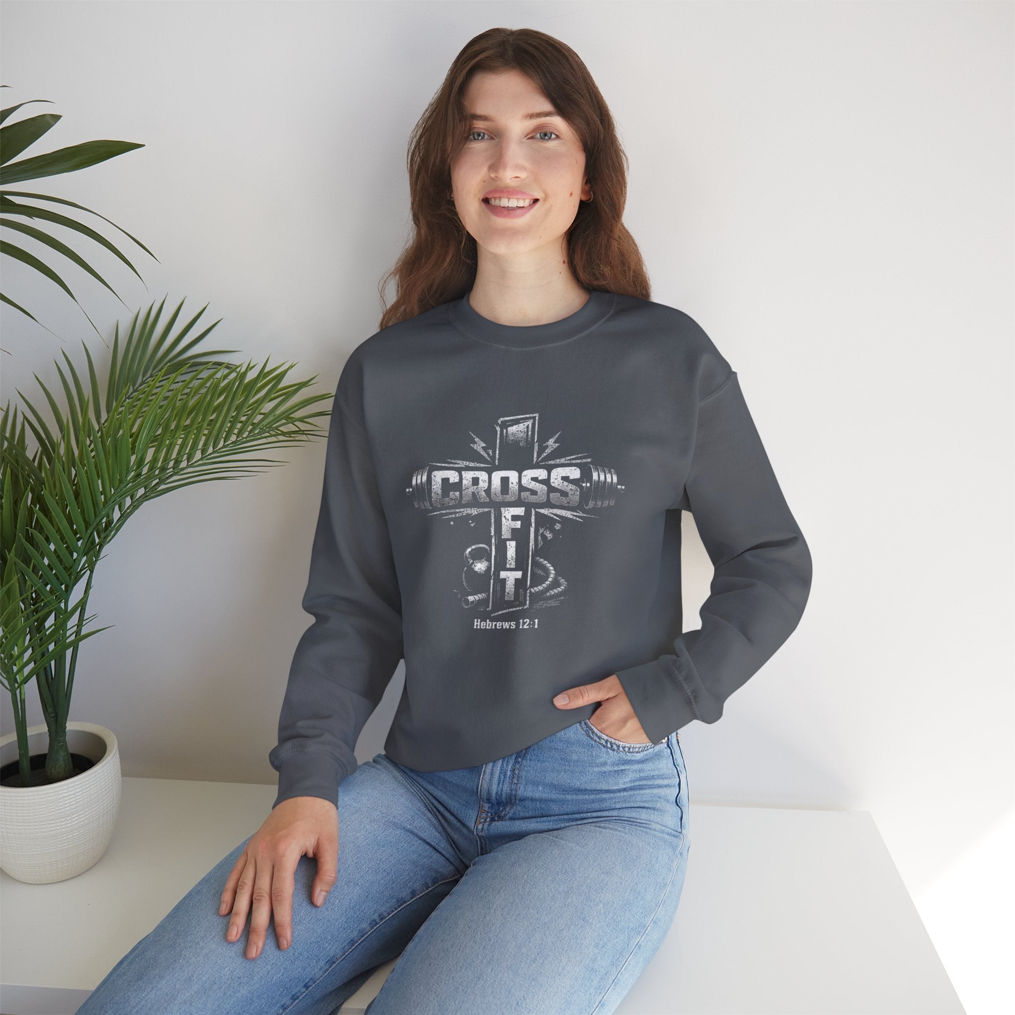 CrossFit Cross Graphic Sweatshirt | Barbell, Kettlebell, Bible Verse