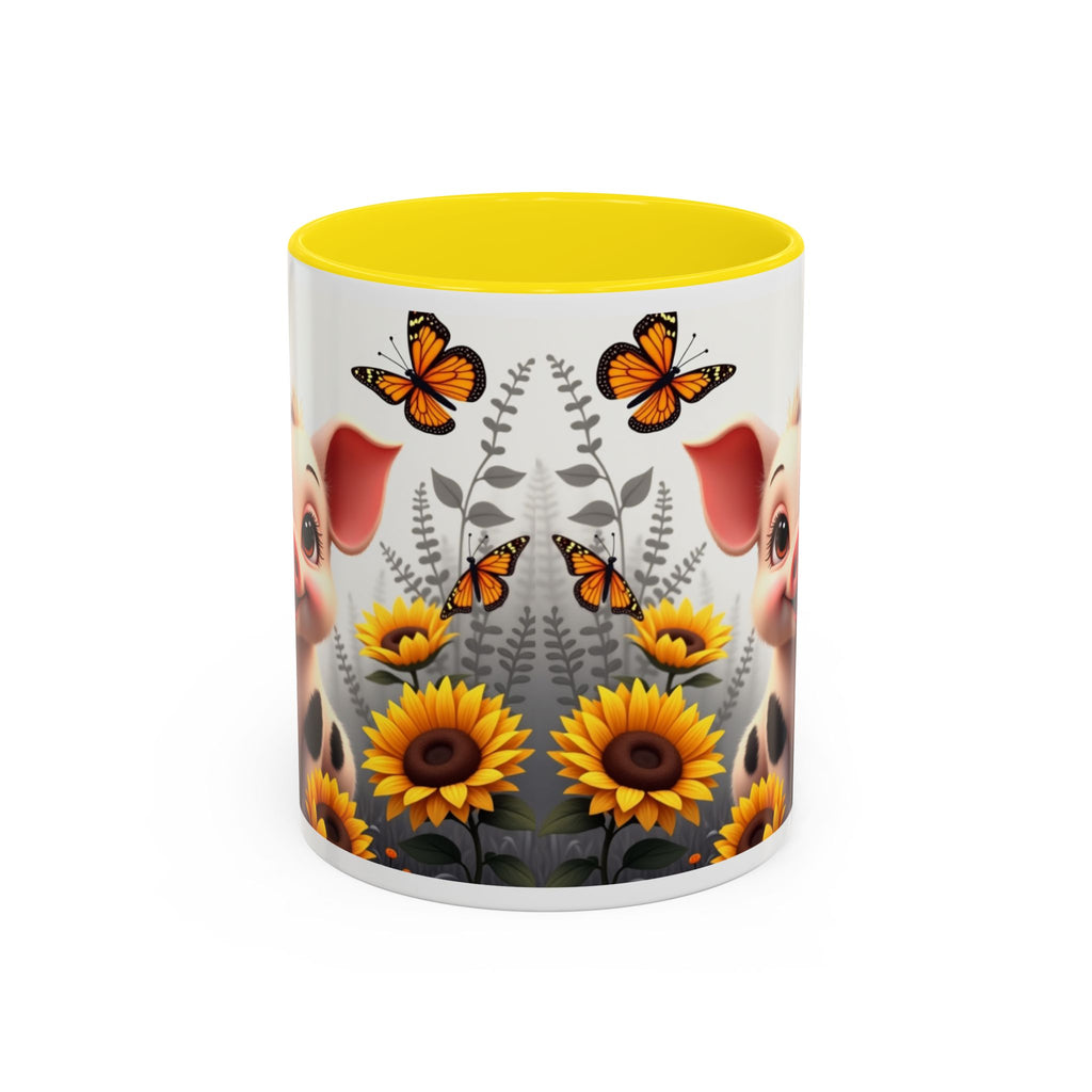 Cute Piglet, Sunflower & Monarch Butterflies Accent Coffee Mug