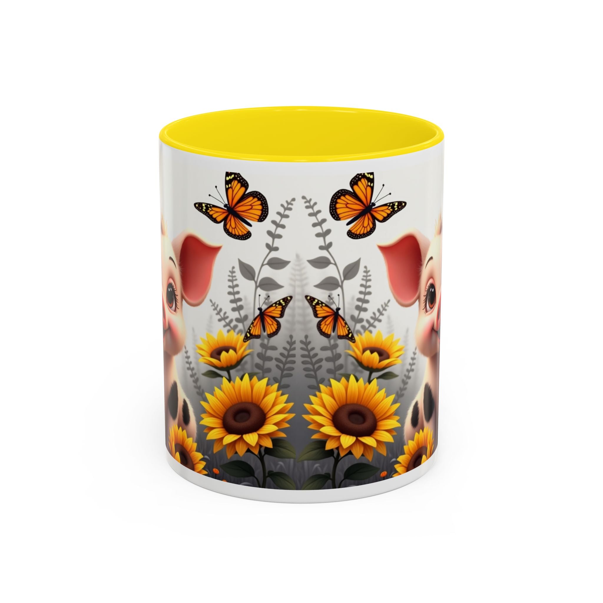 Cute Piglet, Sunflower & Monarch Butterflies Accent Coffee Mug
