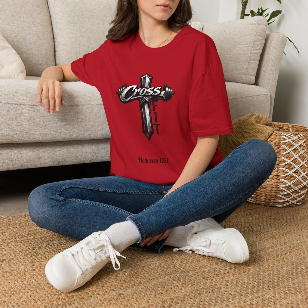 CrossFit Cross with Barbell T-Shirt | Hebrews 12:1 Fitness Faith Tee | Unisex Tee