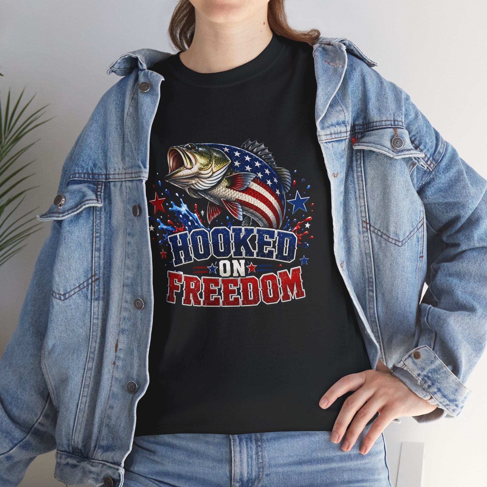Hooked on Freedom Fishing T-Shirt — Patriotic Bass Graphic Tee