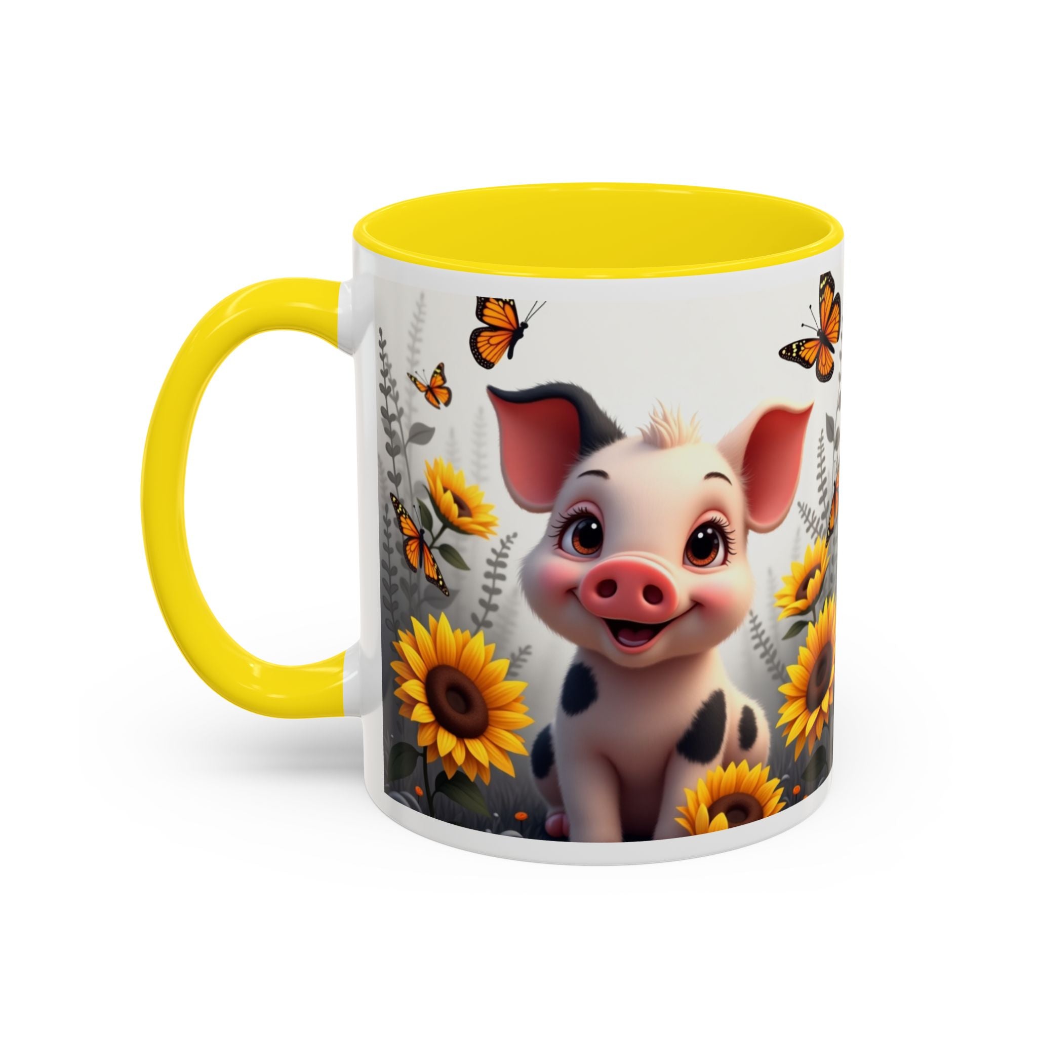 Cute Piglet, Sunflower & Monarch Butterflies Accent Coffee Mug