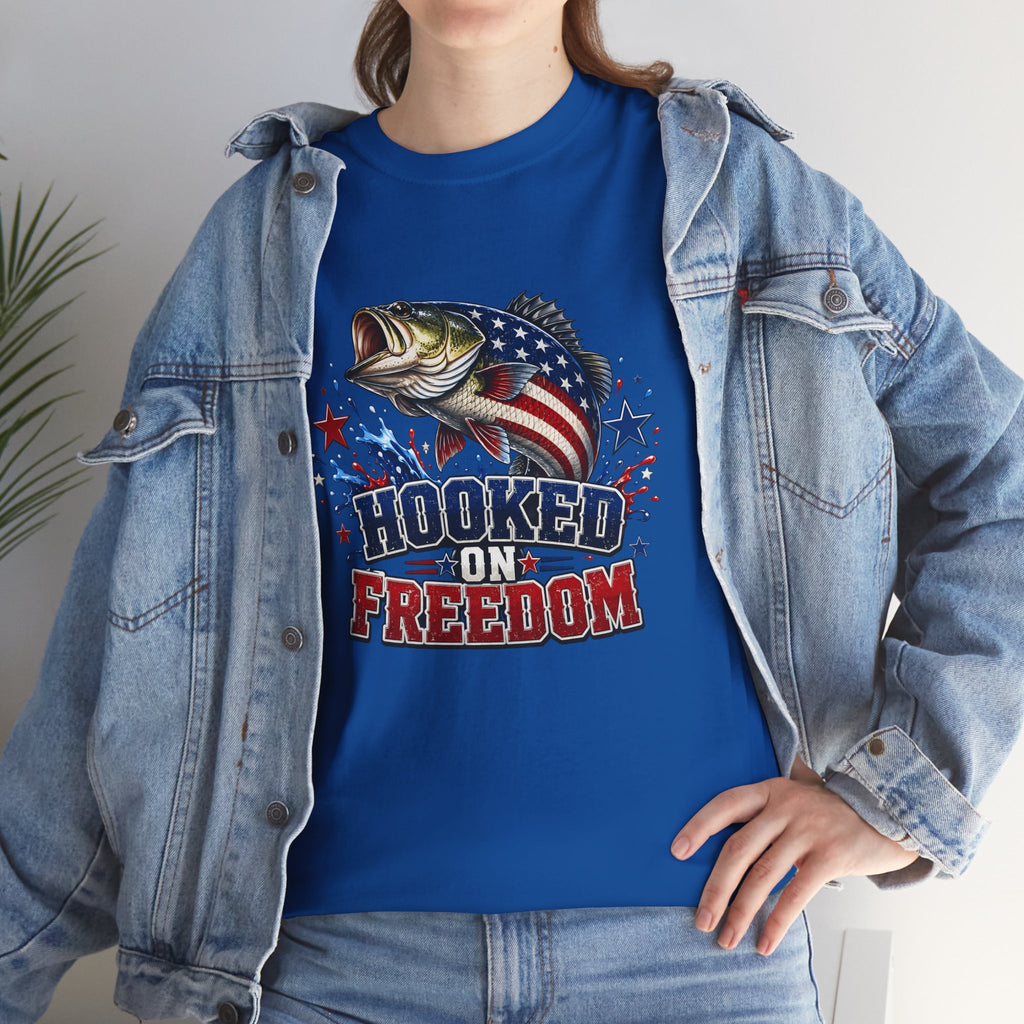 Hooked on Freedom Fishing T-Shirt — Patriotic Bass Graphic Tee