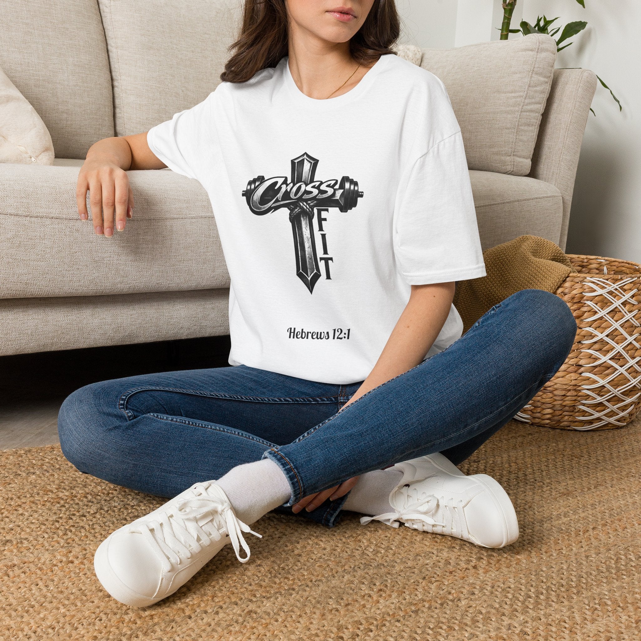 CrossFit Cross with Barbell T-Shirt | Hebrews 12:1 Fitness Faith Tee | Unisex Tee