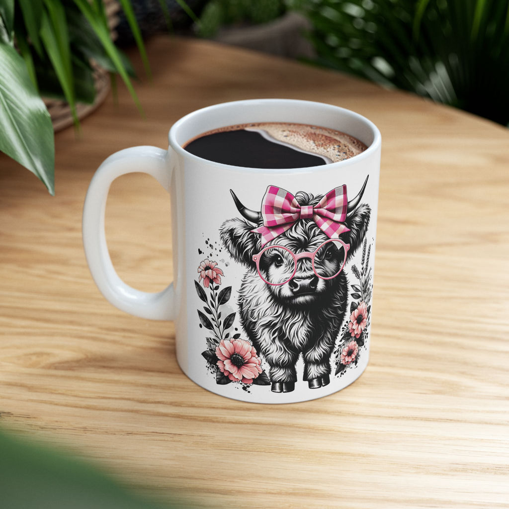 Highland Cow Floral Mug - Cute Pink Bow Ceramic Coffee Cup (11oz)