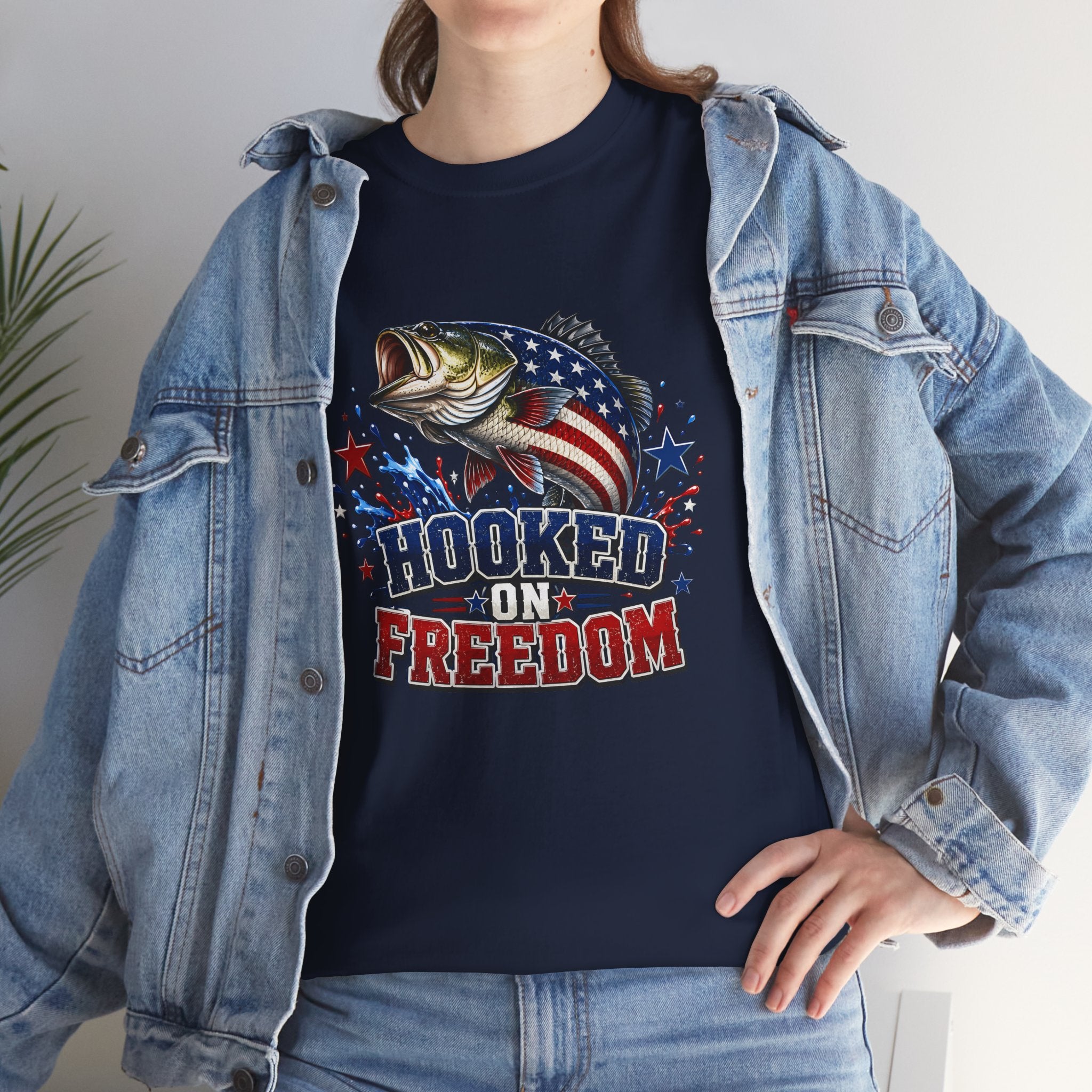 Hooked on Freedom Fishing T-Shirt — Patriotic Bass Graphic Tee