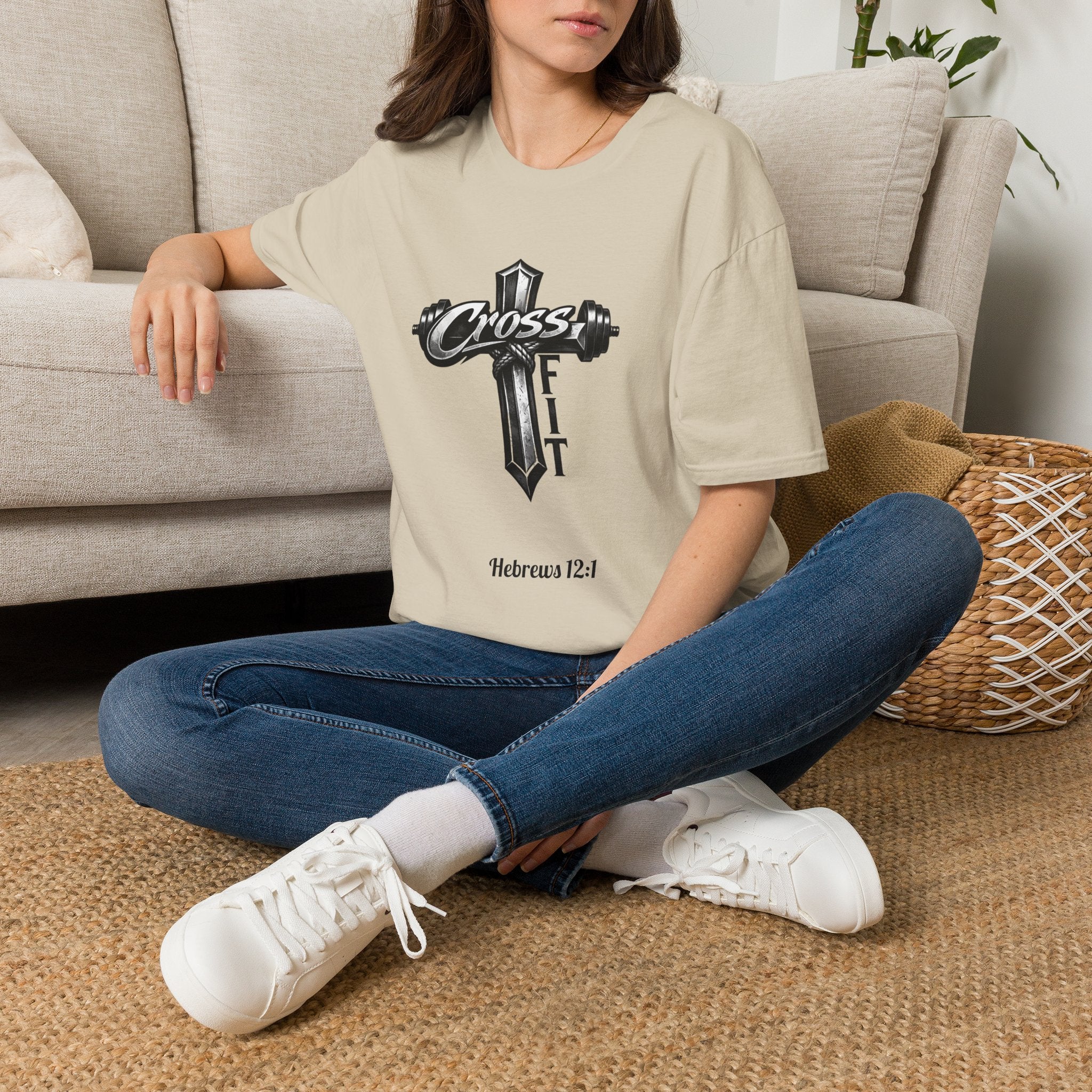 CrossFit Cross with Barbell T-Shirt | Hebrews 12:1 Fitness Faith Tee | Unisex Tee