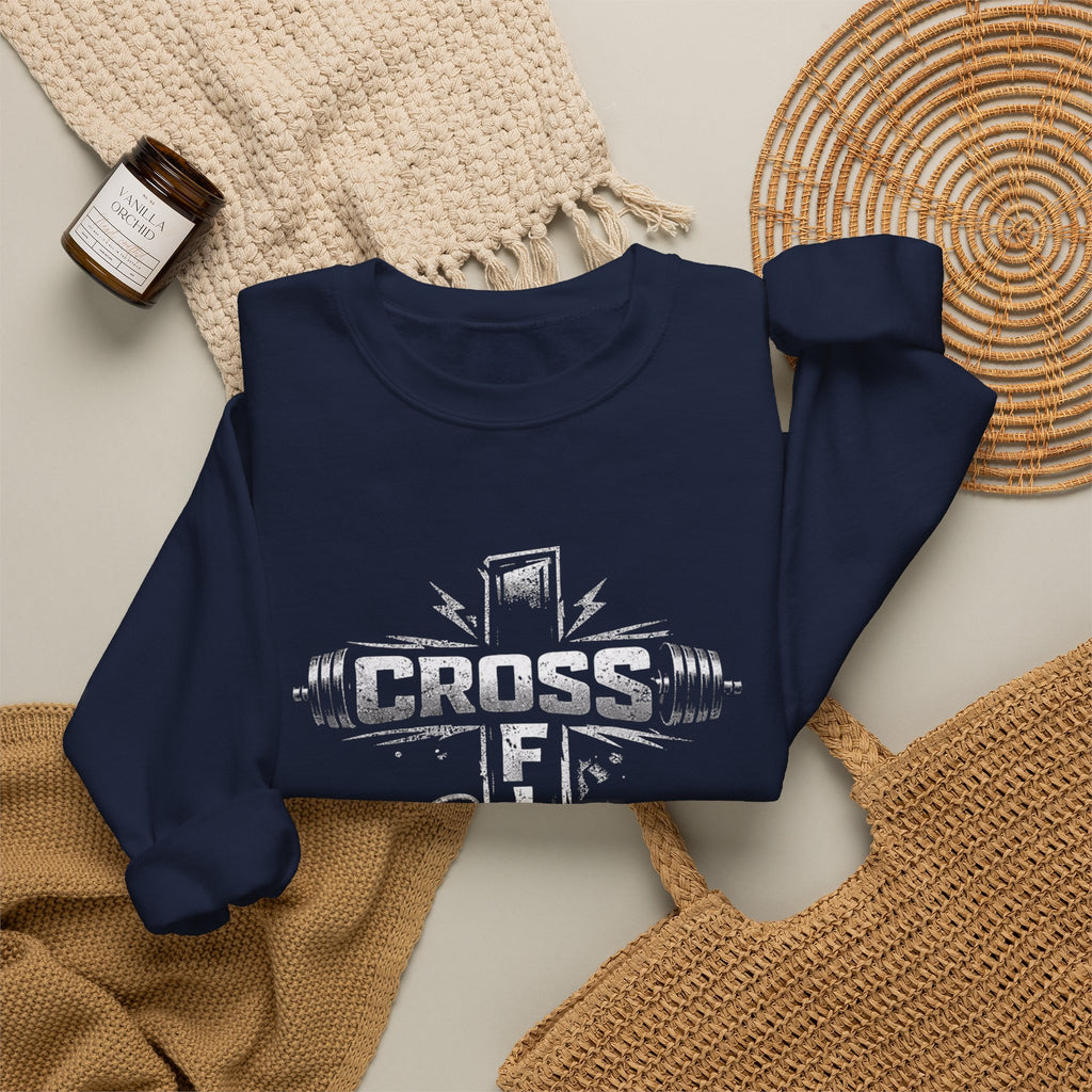 CrossFit Cross Graphic Sweatshirt | Barbell, Kettlebell, Bible Verse