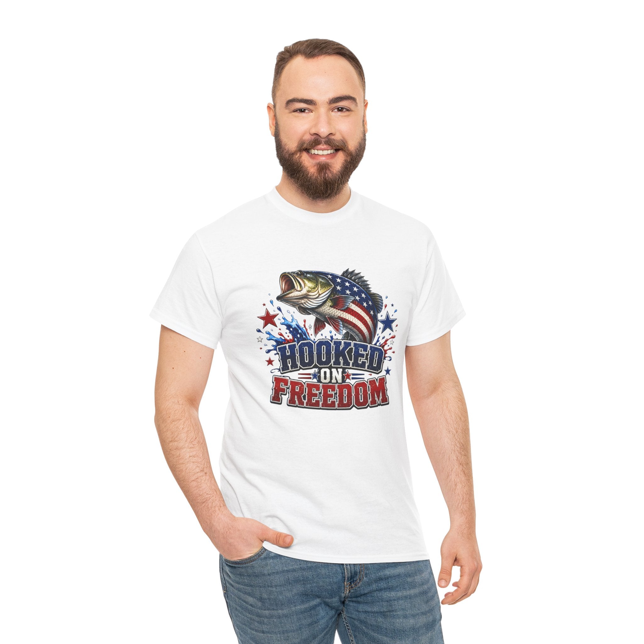 Hooked on Freedom Fishing T-Shirt — Patriotic Bass Graphic Tee