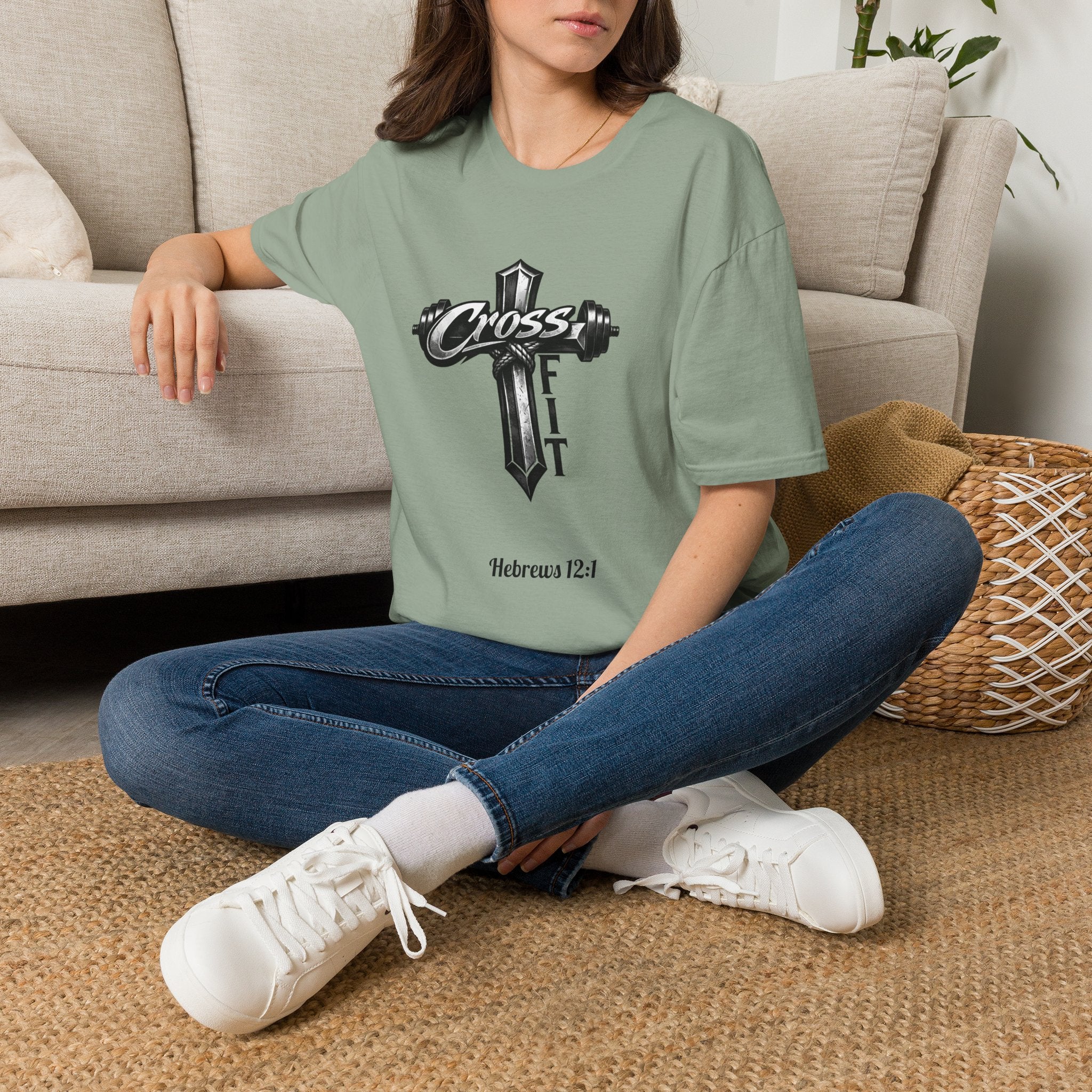 CrossFit Cross with Barbell T-Shirt | Hebrews 12:1 Fitness Faith Tee | Unisex Tee