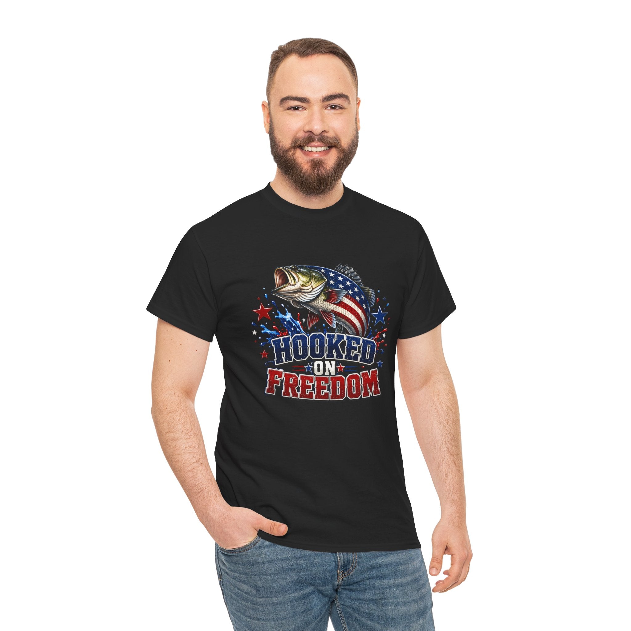Hooked on Freedom Fishing T-Shirt — Patriotic Bass Graphic Tee