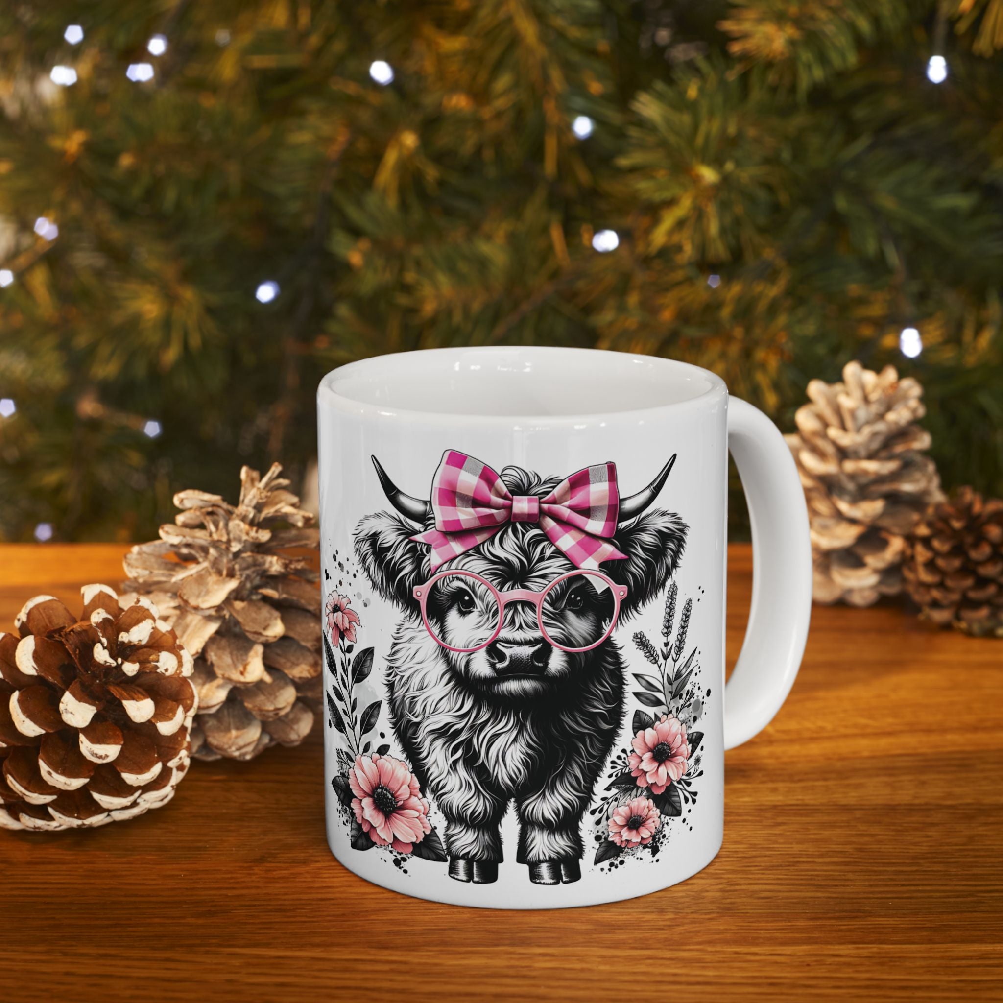 Highland Cow Floral Mug - Cute Pink Bow Ceramic Coffee Cup (11oz)