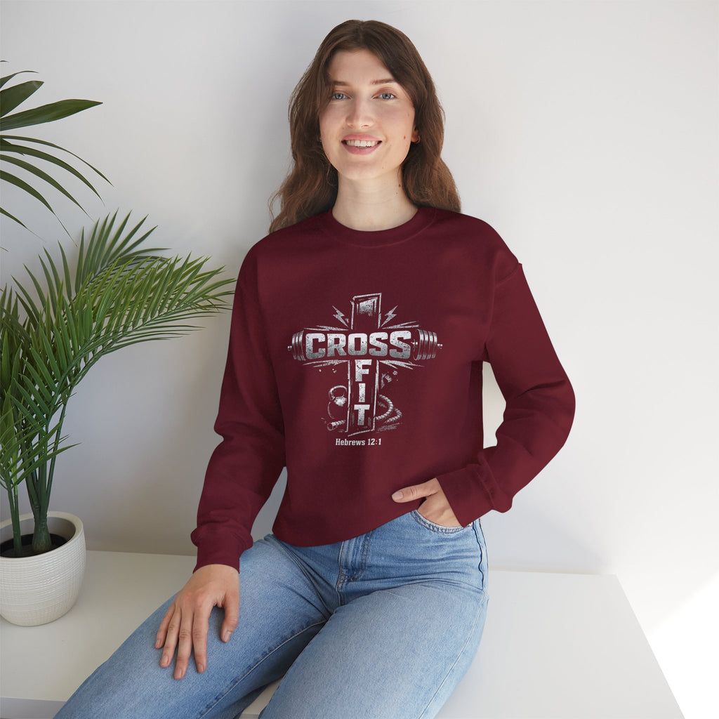 CrossFit Cross Graphic Sweatshirt | Barbell, Kettlebell, Bible Verse