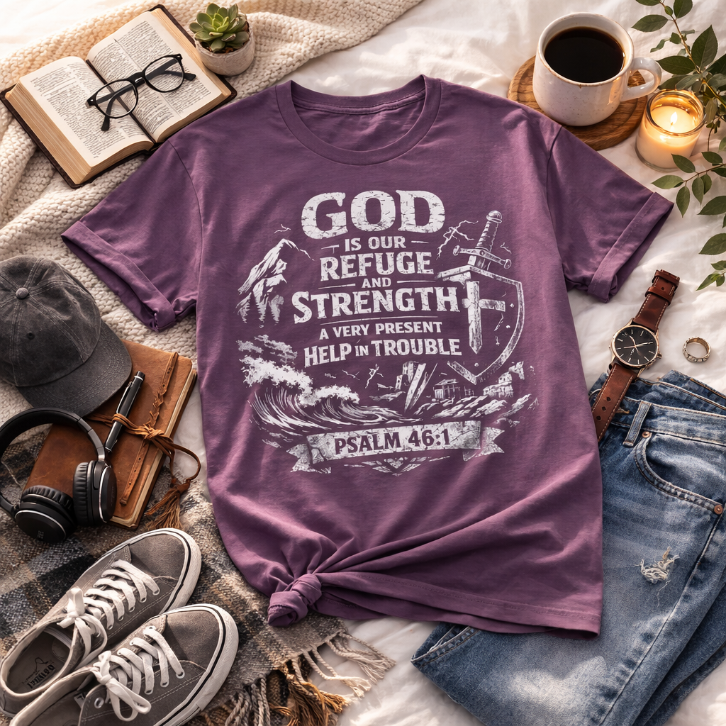 Christian T-Shirt Psalm 46:1 | God Is Our Refuge Shirt | Faith-Based Tee | Comfort Colors 1717 | Christian Gift | Unisex Tee | Women | Men