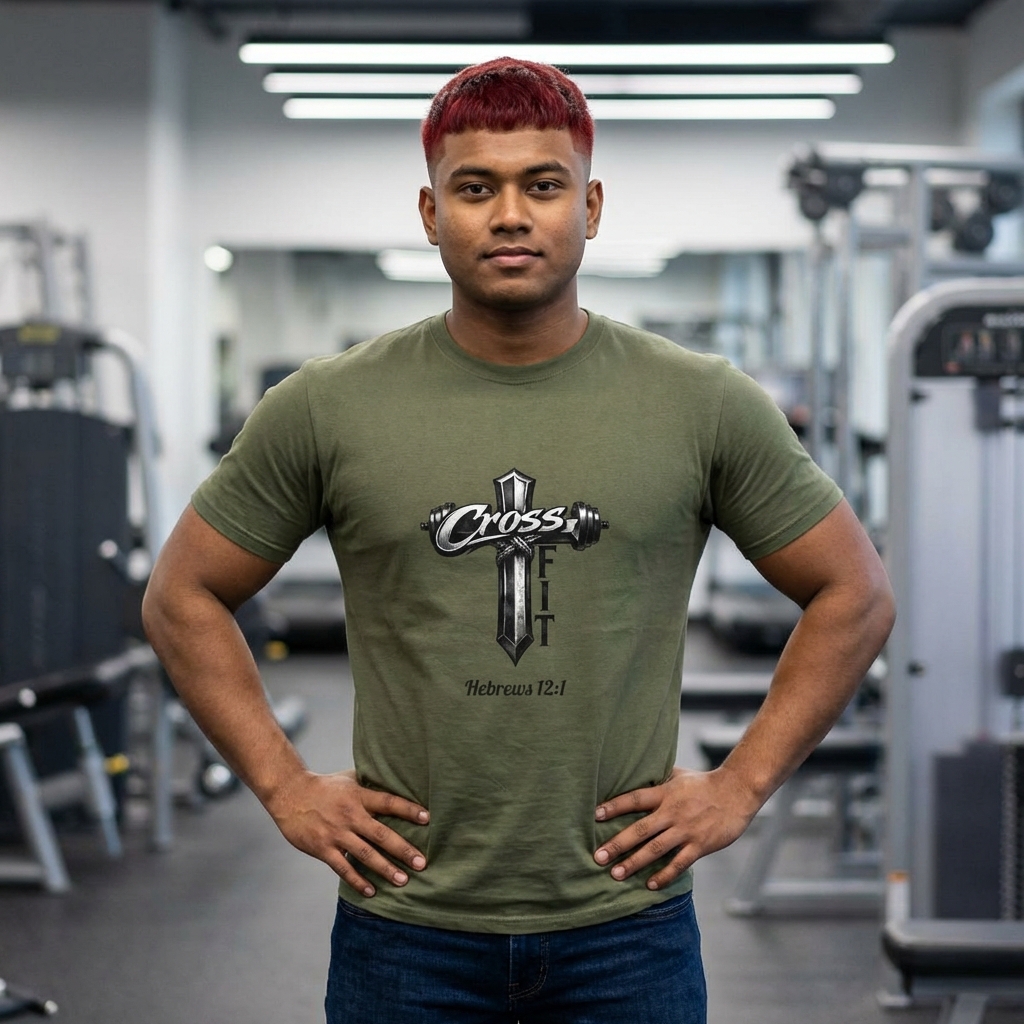 CrossFit Cross with Barbell T-Shirt | Hebrews 12:1 Fitness Faith Tee | Unisex Tee