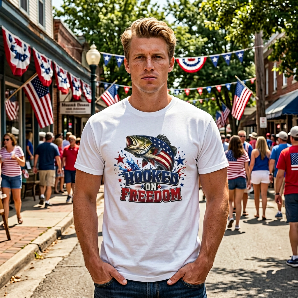 Hooked on Freedom Fishing T-Shirt — Patriotic Bass Graphic Tee