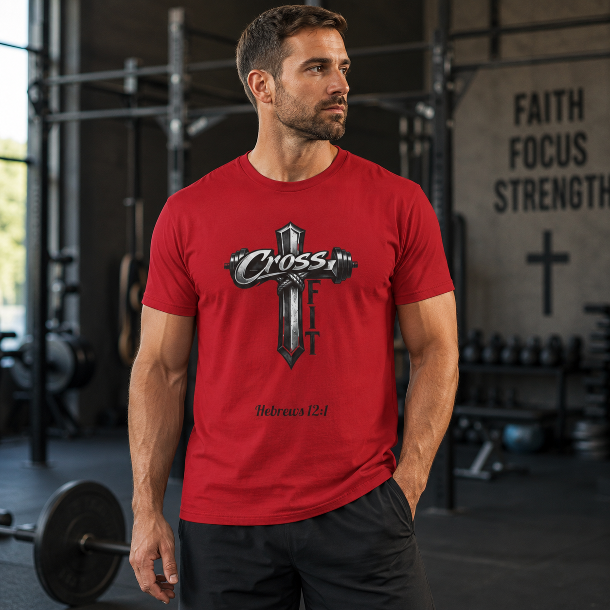 CrossFit Cross with Barbell T-Shirt | Hebrews 12:1 Fitness Faith Tee | Unisex Tee