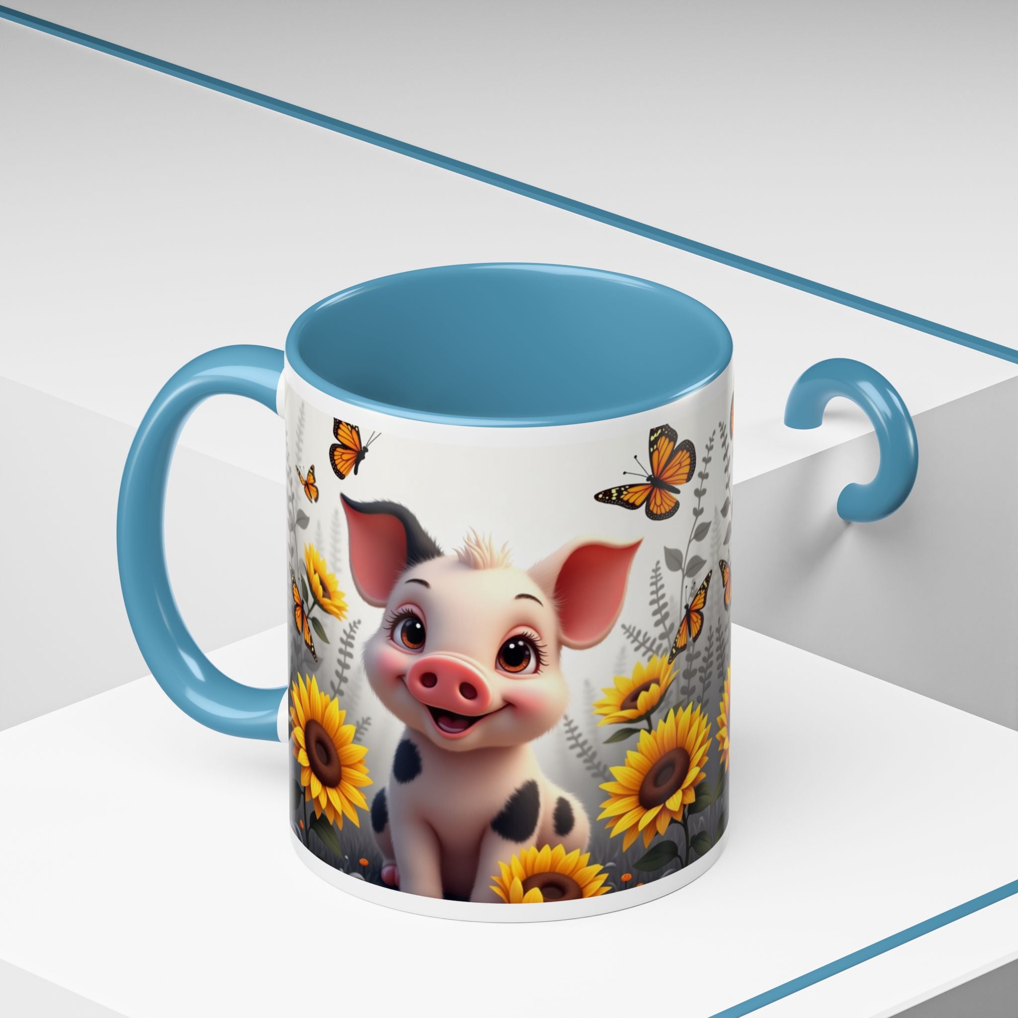 Cute Piglet, Sunflower & Monarch Butterflies Accent Coffee Mug