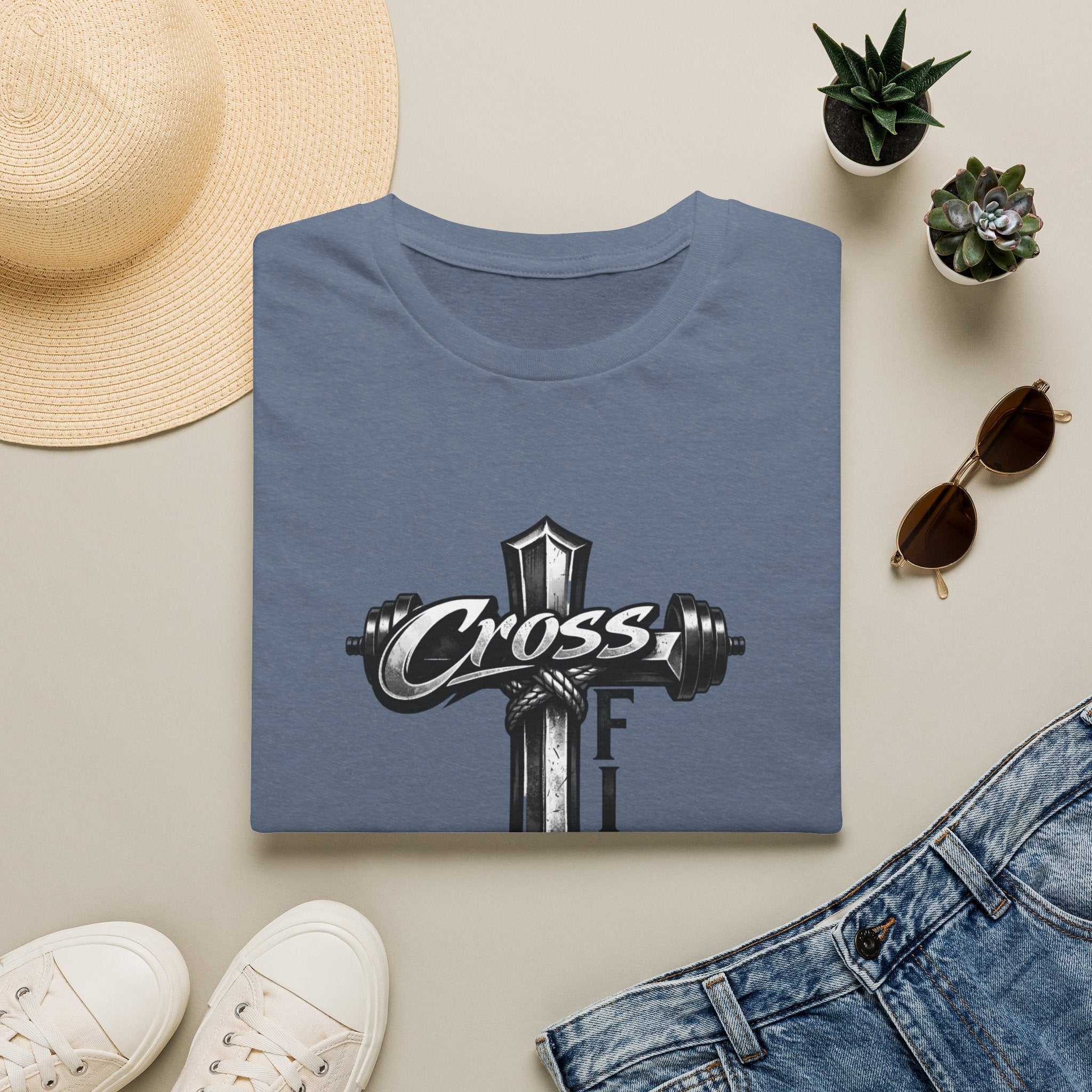 CrossFit Cross with Barbell T-Shirt | Hebrews 12:1 Fitness Faith Tee | Unisex Tee