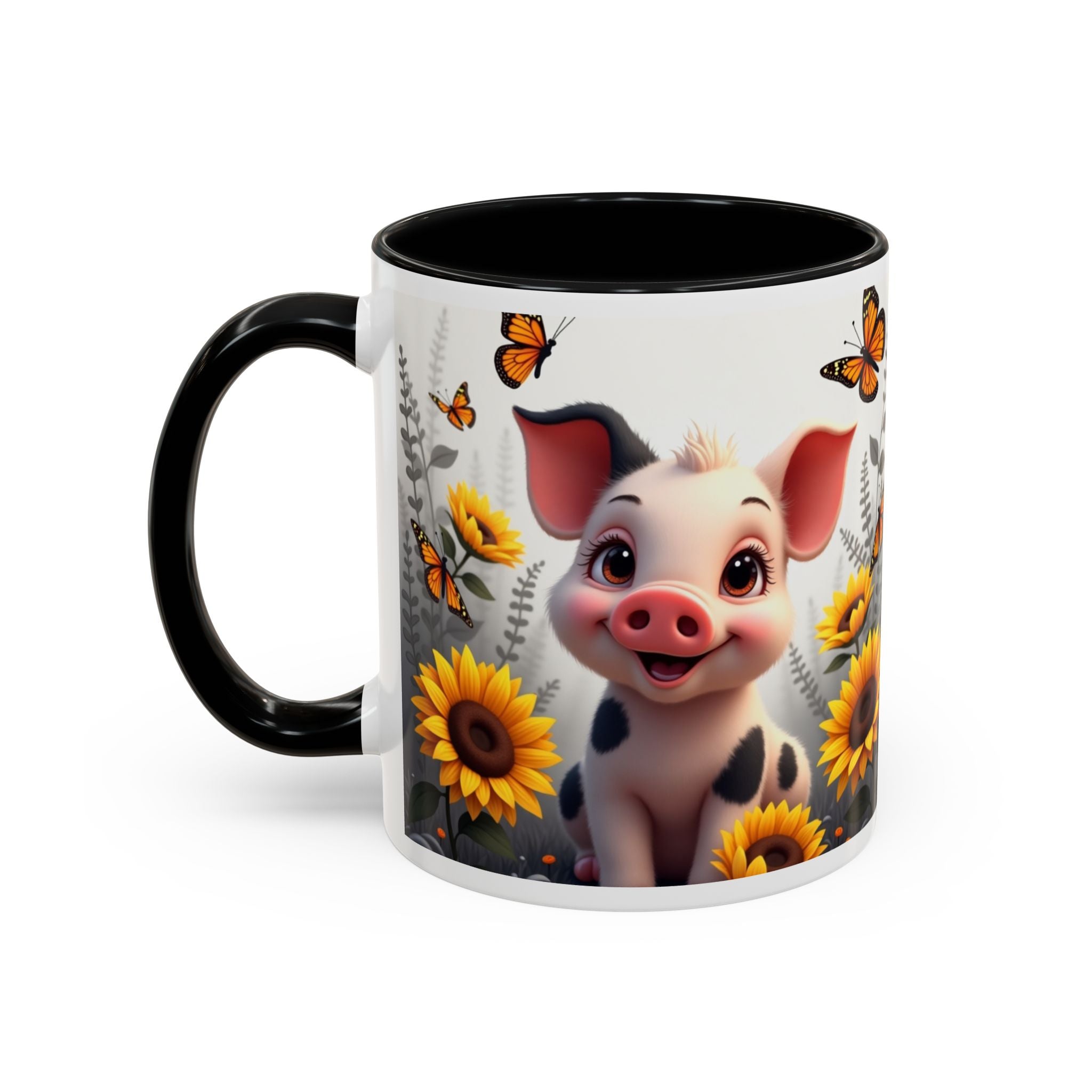 Cute Piglet, Sunflower & Monarch Butterflies Accent Coffee Mug